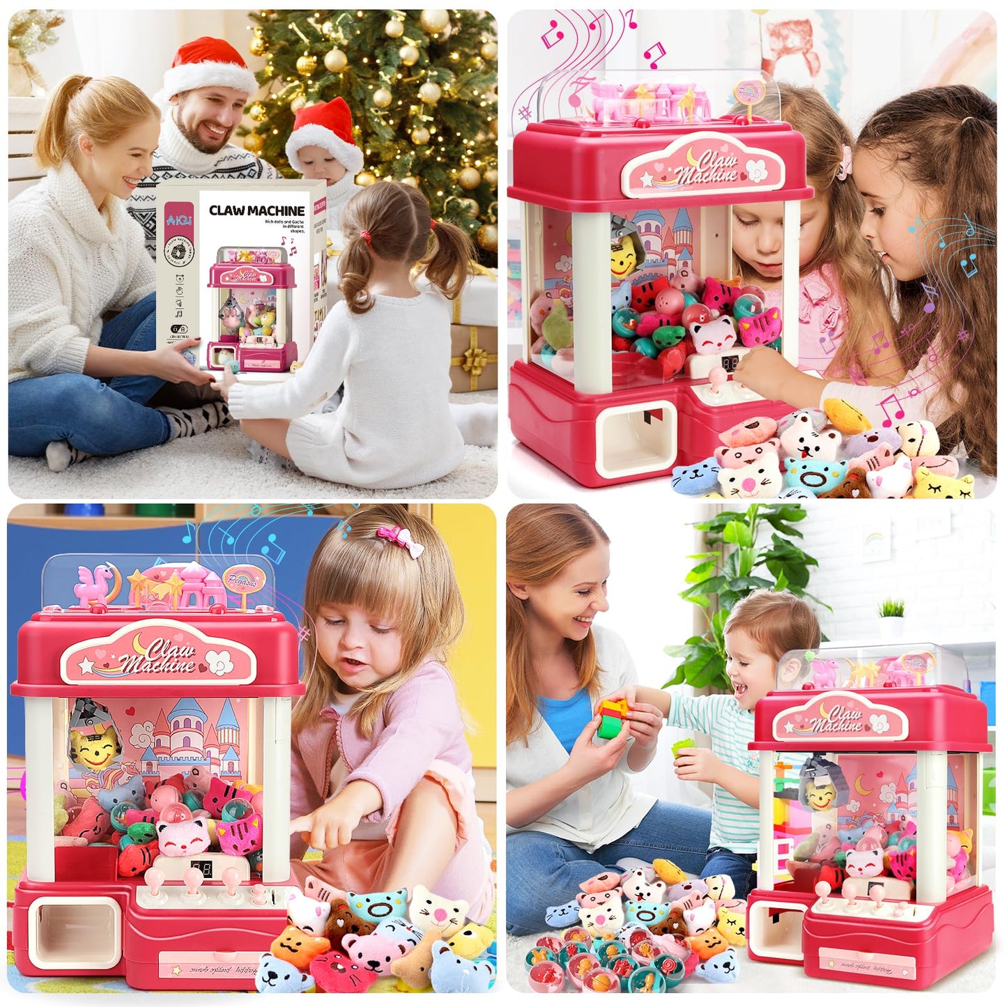 AIQI Kids Claw Machine, Large Candy Vending Grabber, Prize Dispenser Toys for Girls and Boys, Electronic Claw Game Machine for Party Birthdays with Lights Sound, Includes 30 Toys and 25 Game Coins