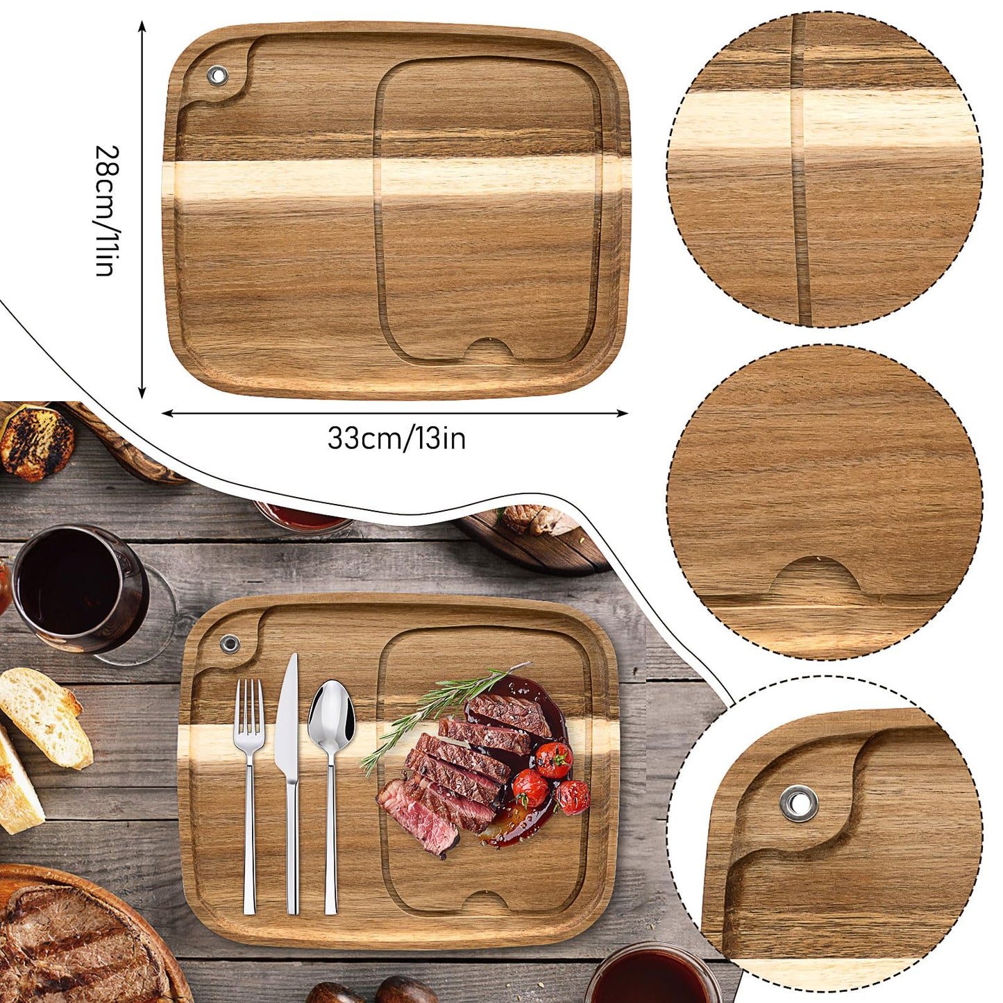 6 Pcs Acacia Wood Steak Plates with Juice Channel, Wooden Steak Board Set, Wood Serving Boards for Serving Steak, Meat, Charcuterie, Appetizer (13 x 11 x 0.6 Inch)