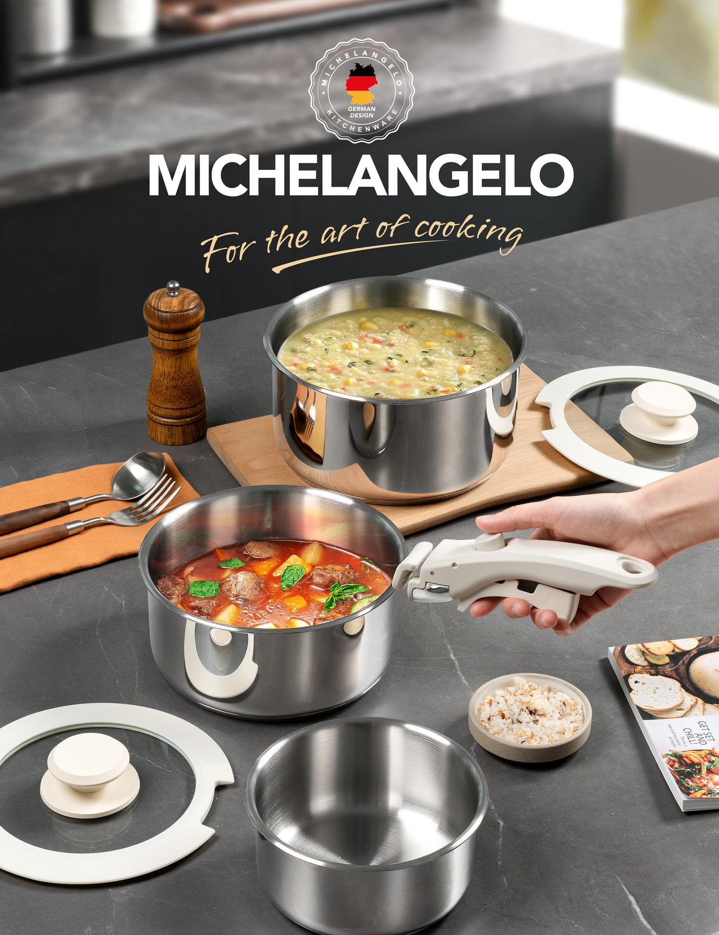MICHELANGELO 6pcs Stainless Steel Pot Set with Removable Handle, Triply Base Stainless Steel Saucepan with Lids, Detachable Handle Saucepan Set, Induction Compatible - White