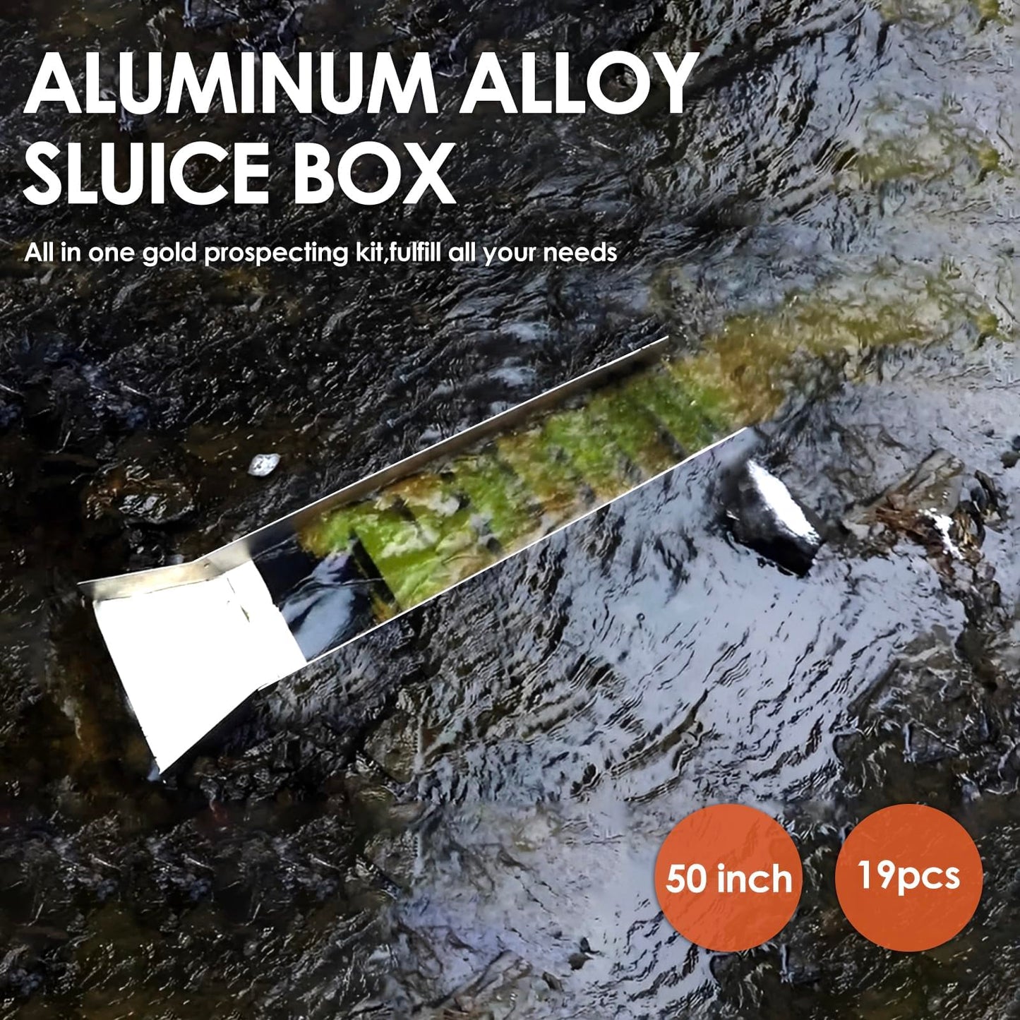 50" Complete Sluice Box Gold Panning Kit, 19pcs Folding Aluminum Alloy Gold Mining Kit, Gold Prospecting Equipment with Gold Pan, Classifier Screen and More, Lightweight Sluice Boxes for Gold Mining