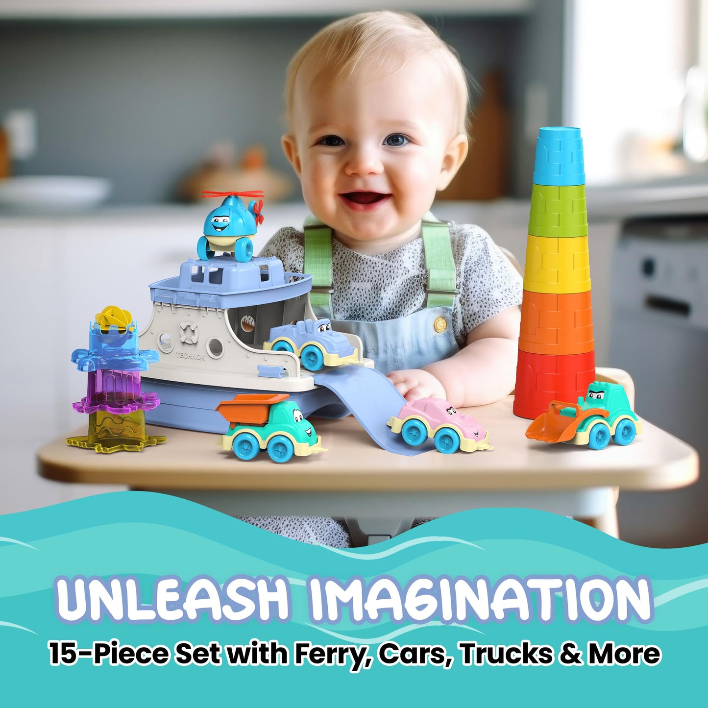Ferry Boat Bath Toys Set for Kids 15 Pcs | Includes Ferry, Cars, Trucks, Helicopter, Stacking Cups & Toy Animals for Baby Boys & Girls | Water Bathtub Indoor Games for Toddlers | Kids Ages 1+