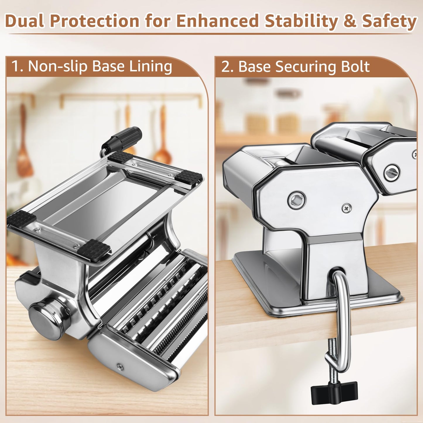 Pasta Maker - 7 Thickness Settings Pasta Roller & 2-in-1 Cutter, Stainless Steel Noodle Maker for Spaghetti, Fettuccine, Ravioli, Lasagna - Includes Hand Crank & Table Clamp