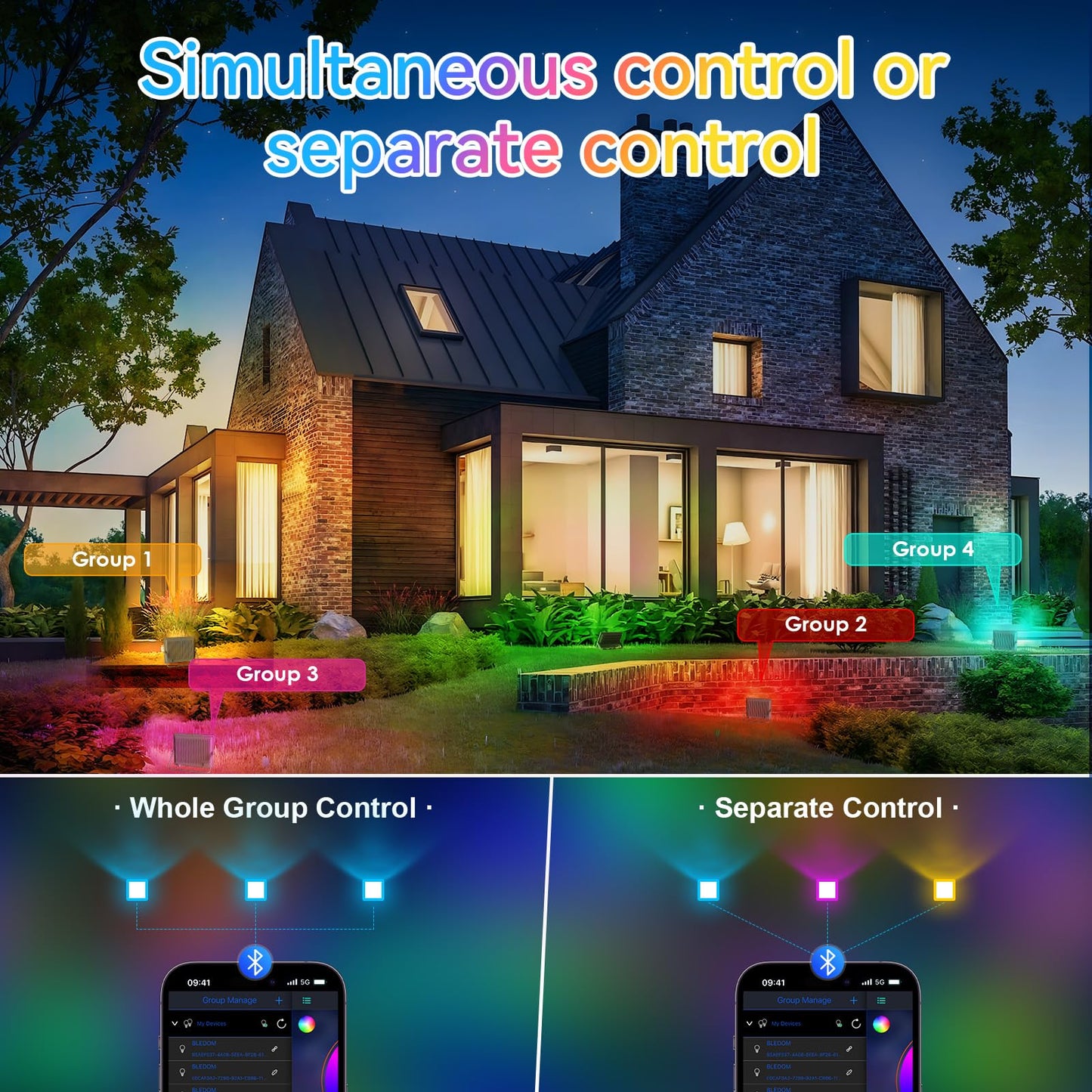 MEEKBOS 2-Pack 100W RGB LED Flood Lights Outdoor, 10000LM Color Changing Lights with Bluetooth App & 2.4G Remote Control, IP66 Waterproof, 16M Colors, Music Sync & Timer
