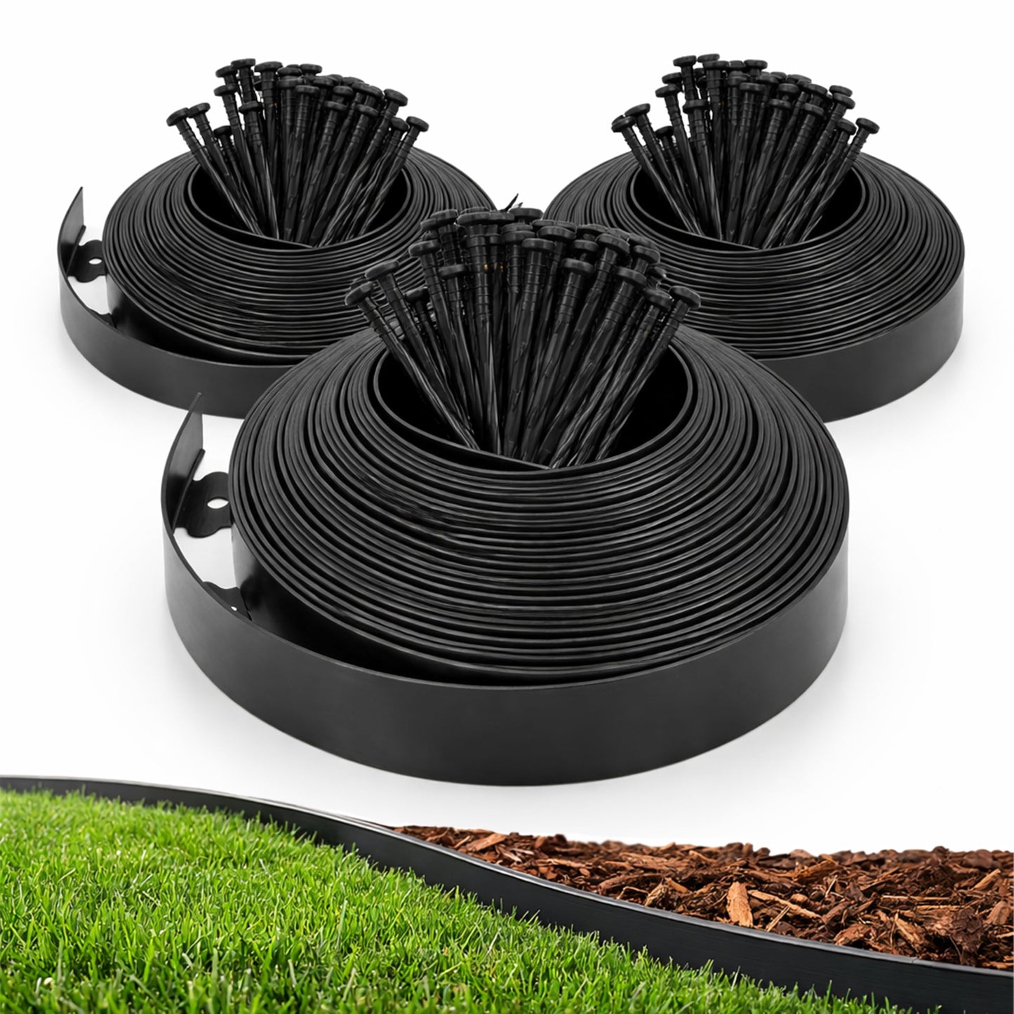 Gardzen 1.5" x 100' Landscape Edging Kit, Garden Edging Coil Comes with 120 Pcs Spikes, No Dig Lawn Border Design