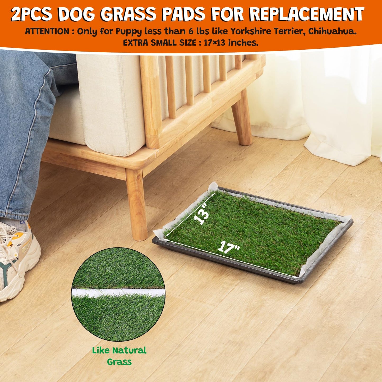 MEEXPAWS Dog Grass Pee Pads for Dogs with Tray | Extra Small 17 x 13 in for Puppy Less Than 6 lbs | 2× Dog Artificial Grass Pads Replacement | Rapid Drainage | Indoor Litter Box | Hemmed Edge