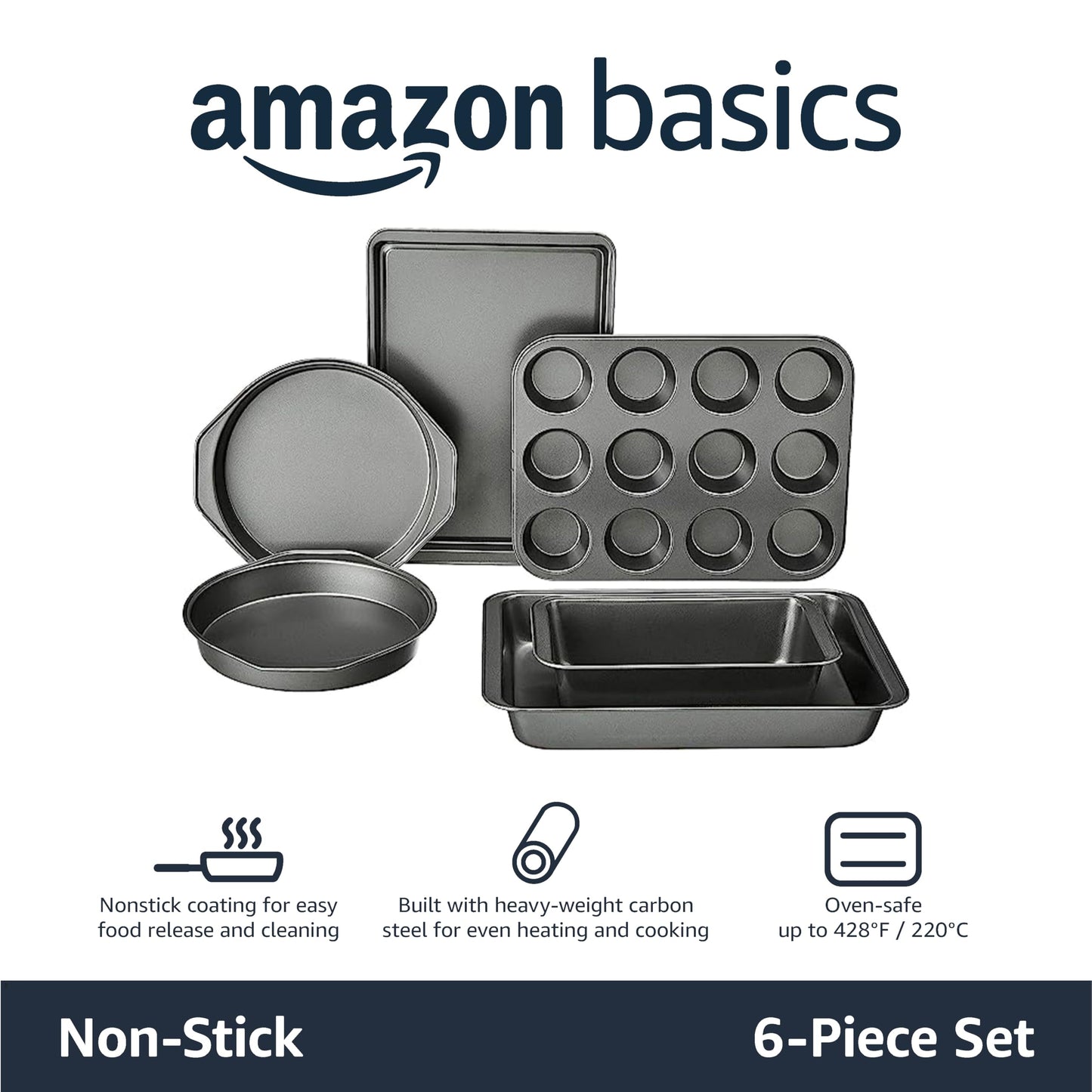 Amazon Basics 6 Piece Nonstick, Carbon Steel Oven Safe Bakeware Set 41.3 x 29.8 x 15.9 cm
