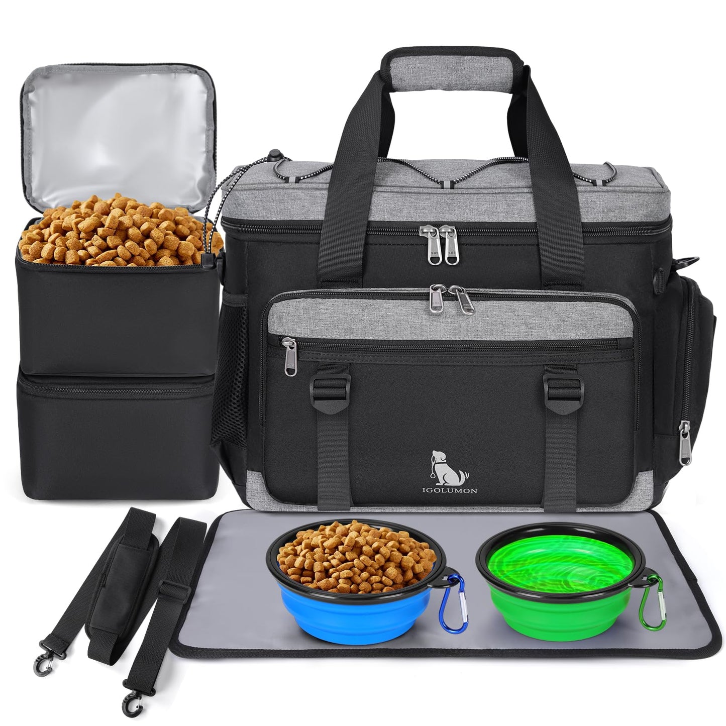 IGOLUMON Dog Travel Bag Weekend Pet Travel Bag Set for Supplies Large Dog Camping Kit Airline Approved Tote Organizer with Multi Pockets, 2 Large Food Containers, 2 Dog Bowls, 1 Feeding Mat