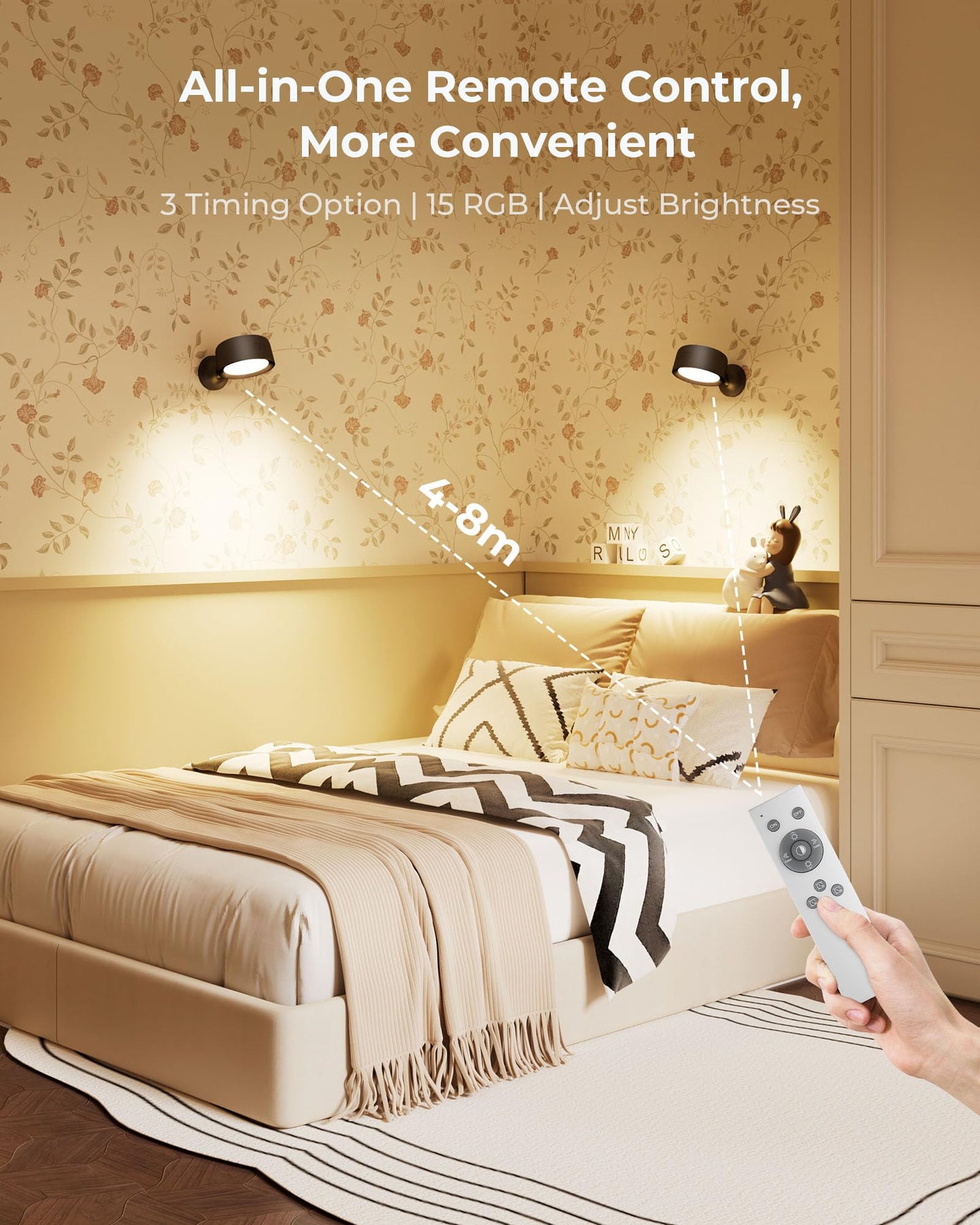 FULEN Wall Light, 2 Pack Led Wall Sconces 18 Colors, 4 Brightness Levels, 8000mAh Rechargeable Battery,Touch and Remote Control, 360 ° Rotate, Wall Lamp Indoor for Bedroom, Living Room, Stairs, Black