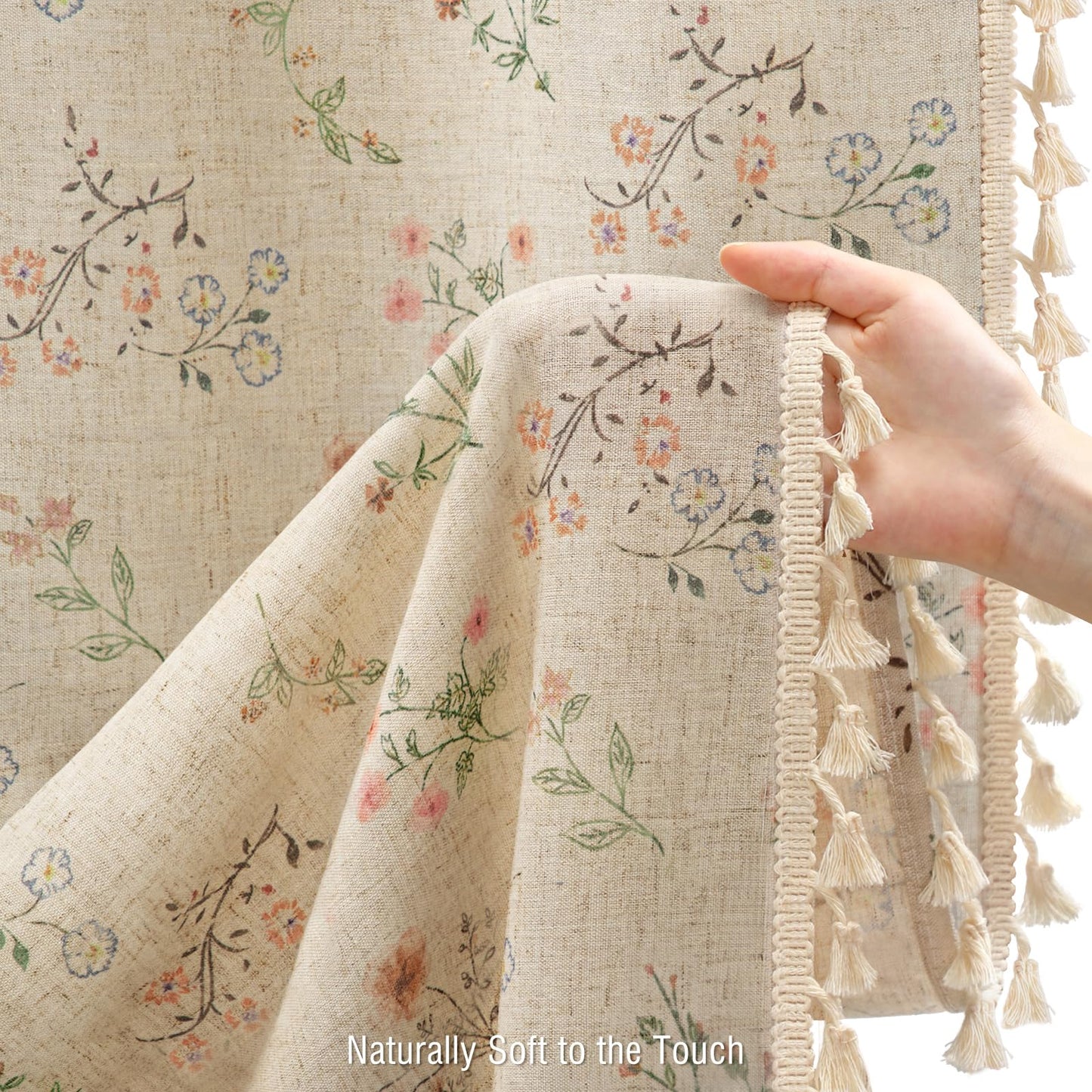 XOGUIBO Floral Farmhouse Vintage Linen Shower Curtain, French Country Spring Shower Curtains for Bathroom with Tassels, 72Wx72H