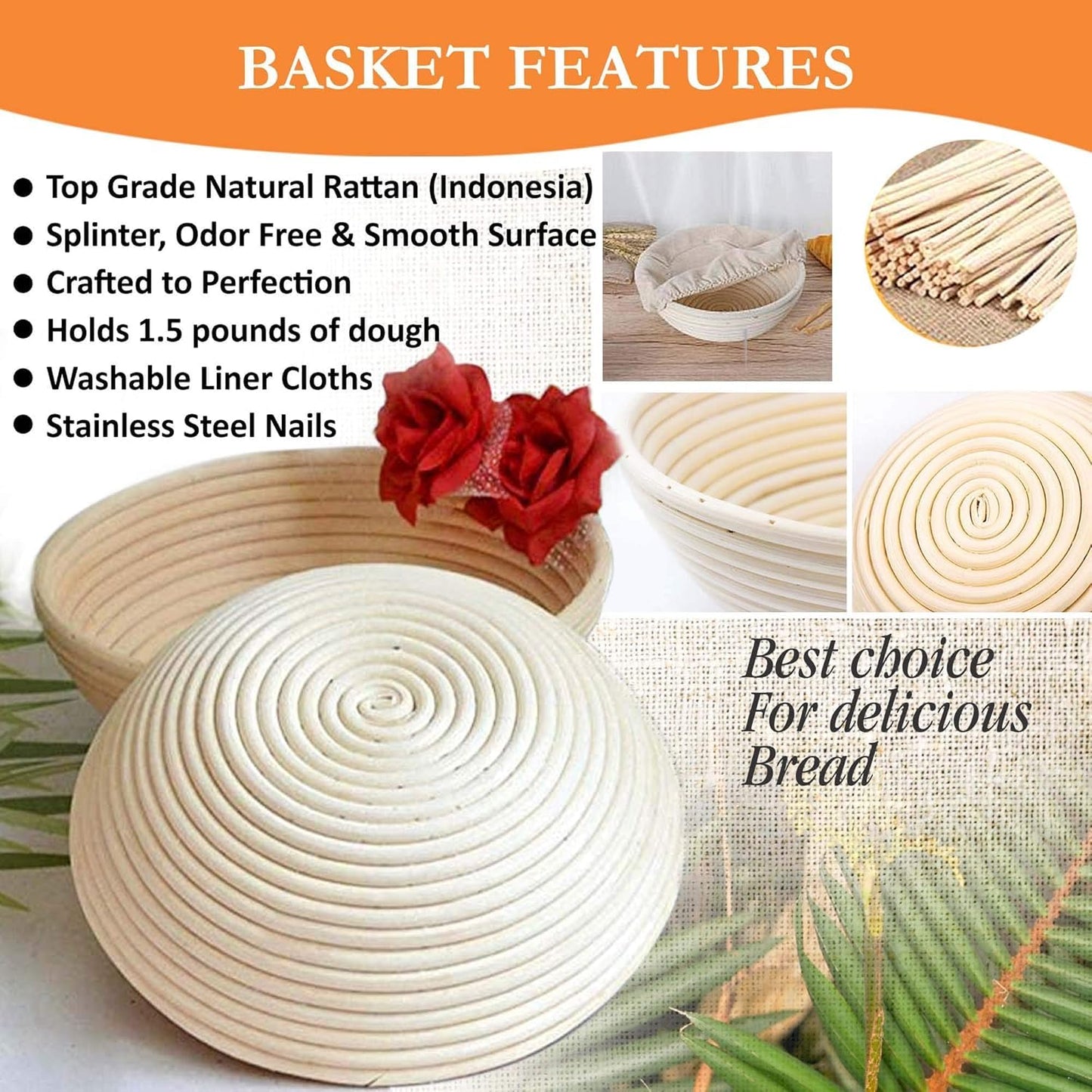 Sourdough Bread Baking Supplies - 2PCS of 9 Inch Round Sourdough Proofing Baskets KIt with Silicone Bread Sling, Dough Scrapers, Bread lame, Dough Whisk and a Cleaning Brush