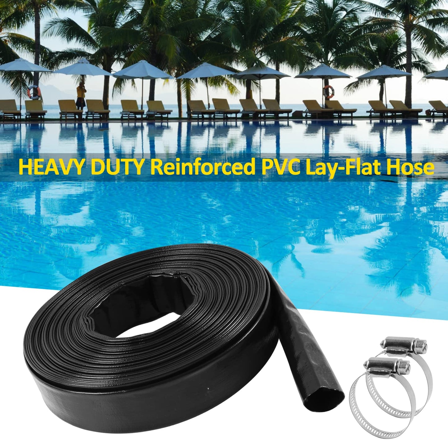 automoris 1-1/2" x 105' Black Sump Pump Hose,Swimming Pool Backwash Hose with 2 Clamp,Weather Resistant General Purpose Reinforced PVC Lay Flat Pool Drain Water Discharge Hose