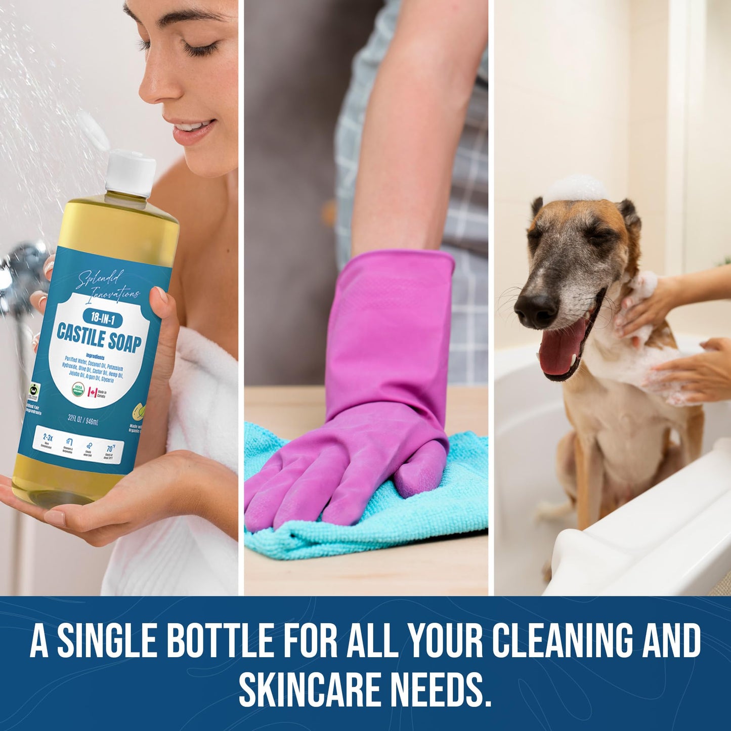 Castile Liquid Soap 946ml, Made in Canada Organic Certified, Unscented Baby Soap, Made with Organic Oils, 18-in-1: Face, Hair, Laundr, Dishes, Plant Food, 82% Less Plastic, For Sensitive Skin and Babies, 32 oz, All-Purpose, Biodegradable, Hand Soap, Non-G