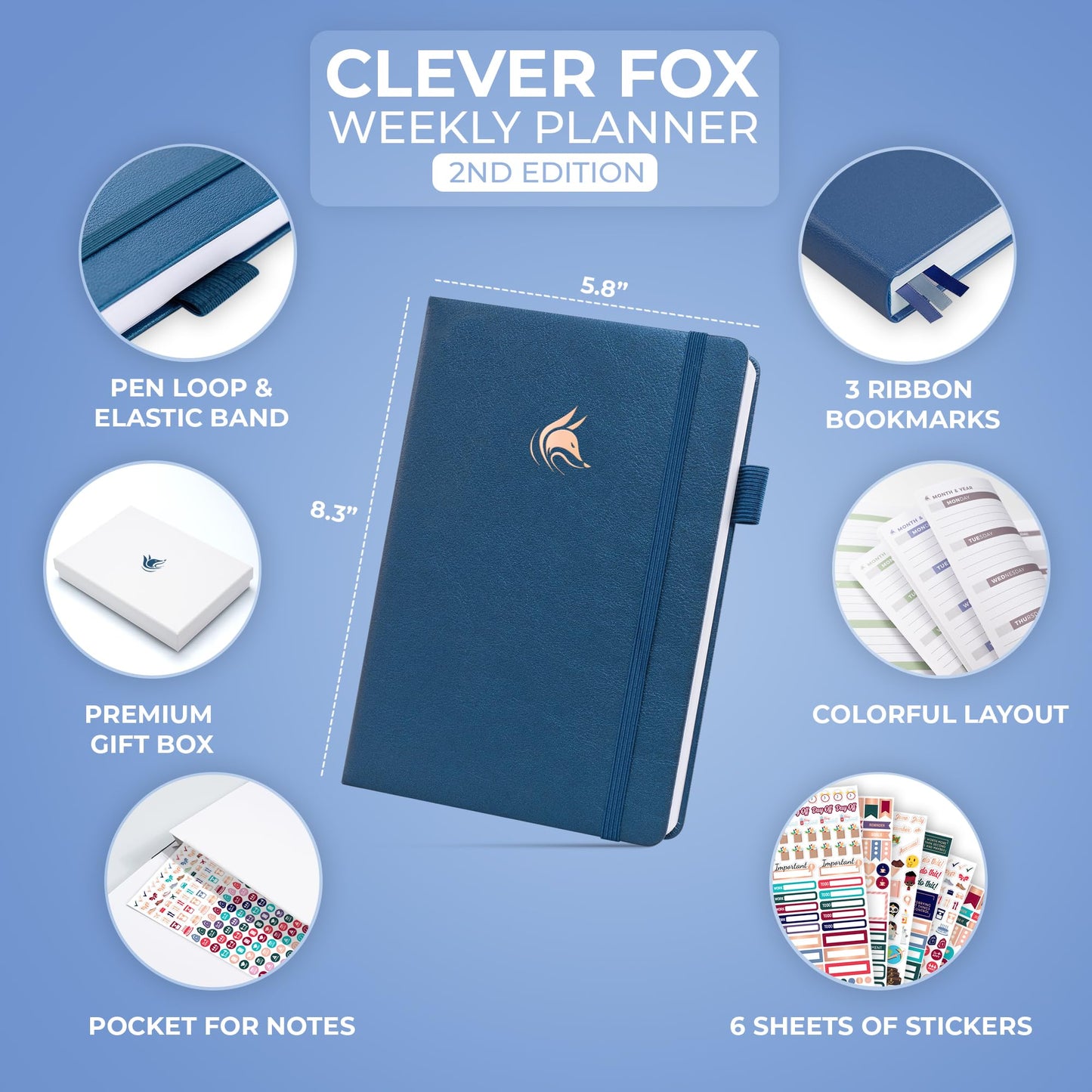 Clever Fox Planner 2nd Edition – Colorful Weekly & Monthly Goal Setting Planner, Habit Trackers, Time Management and Productivity Organizer, Gratitude Journal, Undated, A5, Lasts 1 Year – Mystic Blue