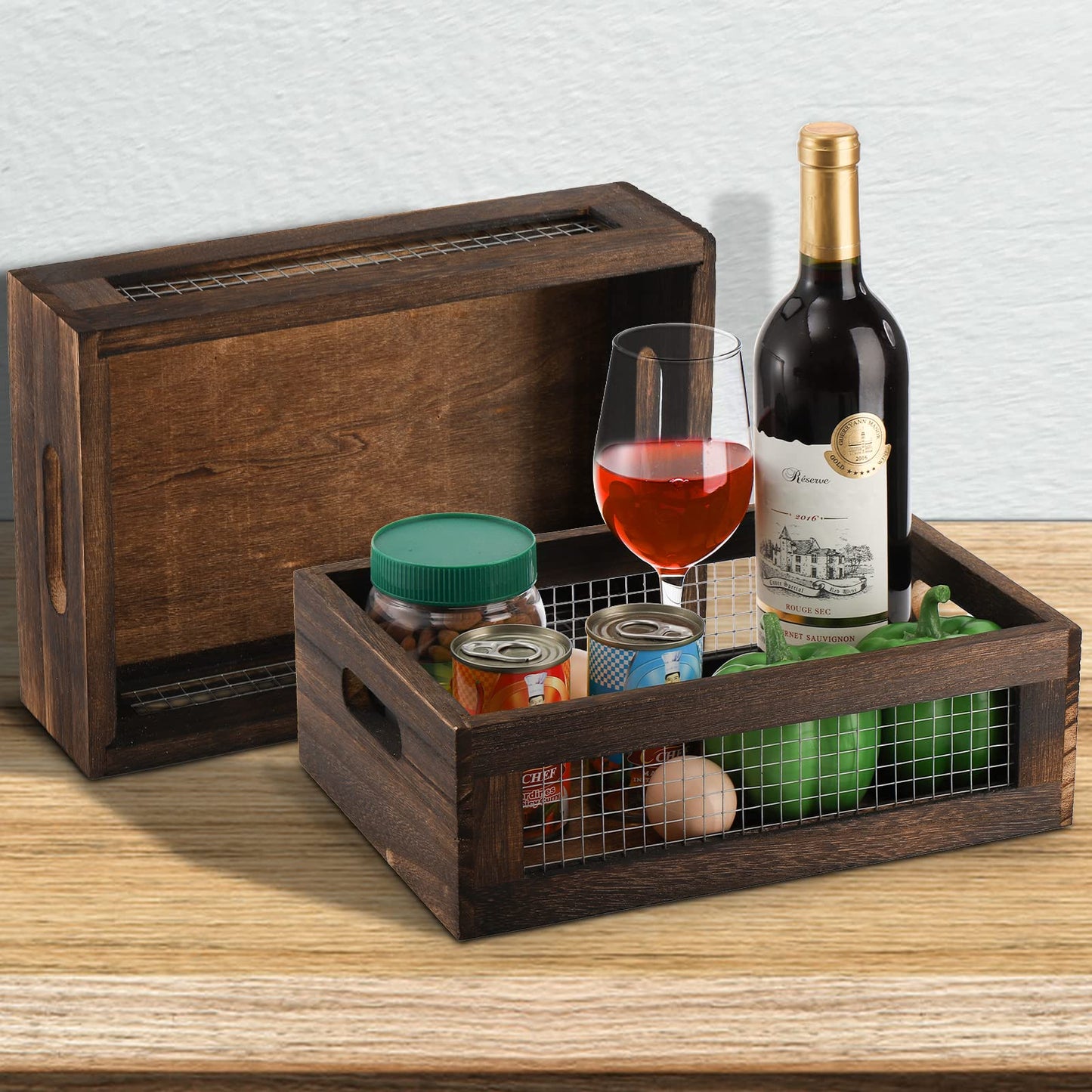 Dicunoy Set of 2 Rustic Nesting Boxes, Wooden Organizer Crates Basket, Small Decorative Wood Wire Containers with Handle, Kitchen Counter Organizers for Fruit, Veggies, Onion, Bathroom, Pantry Storage