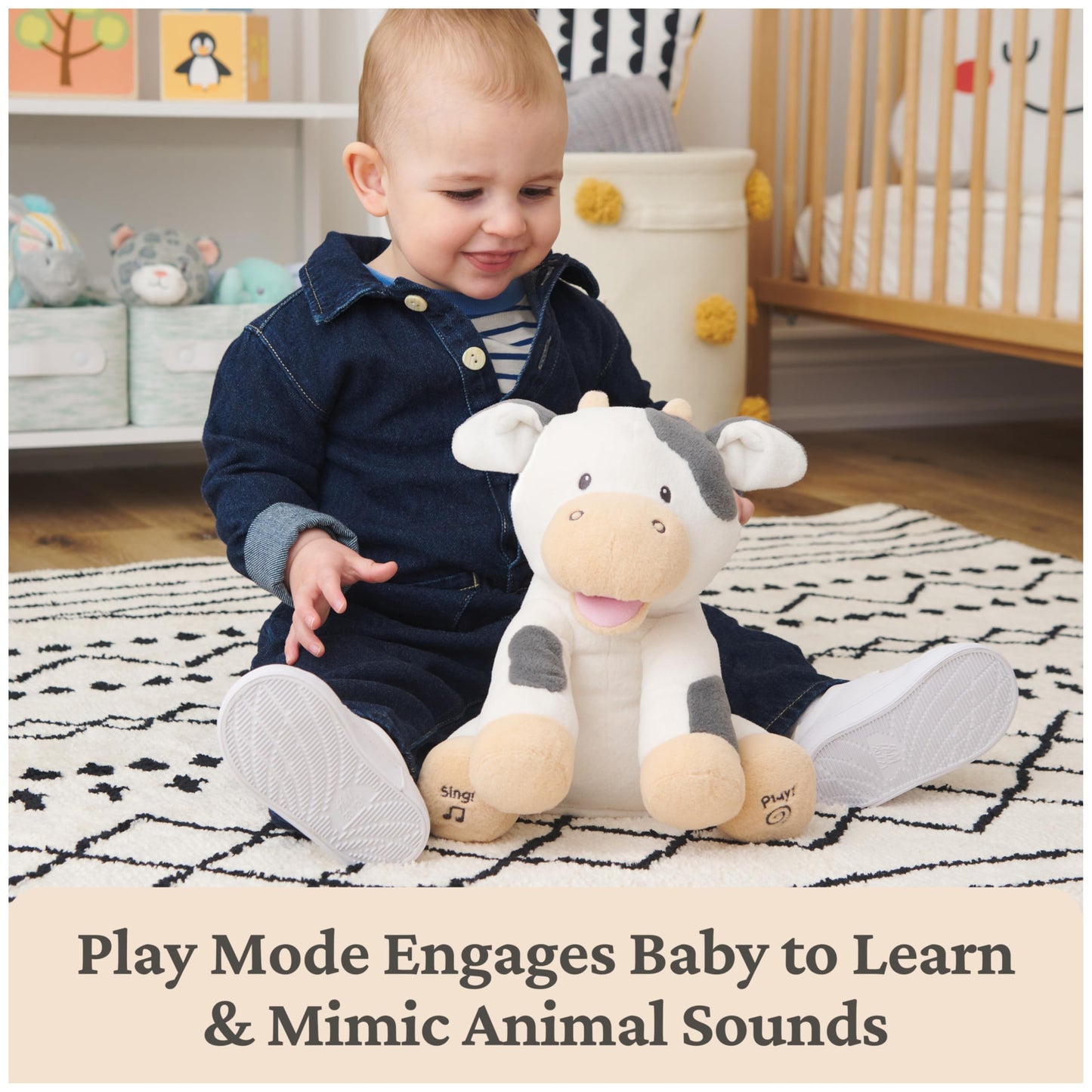 Baby GUND Buttermilk The Cow Animated Plush, Singing Stuffed Animal Sensory Toy, Sings Old Macdonald and Teaches Animal Sounds, Cream/Grey, 12”