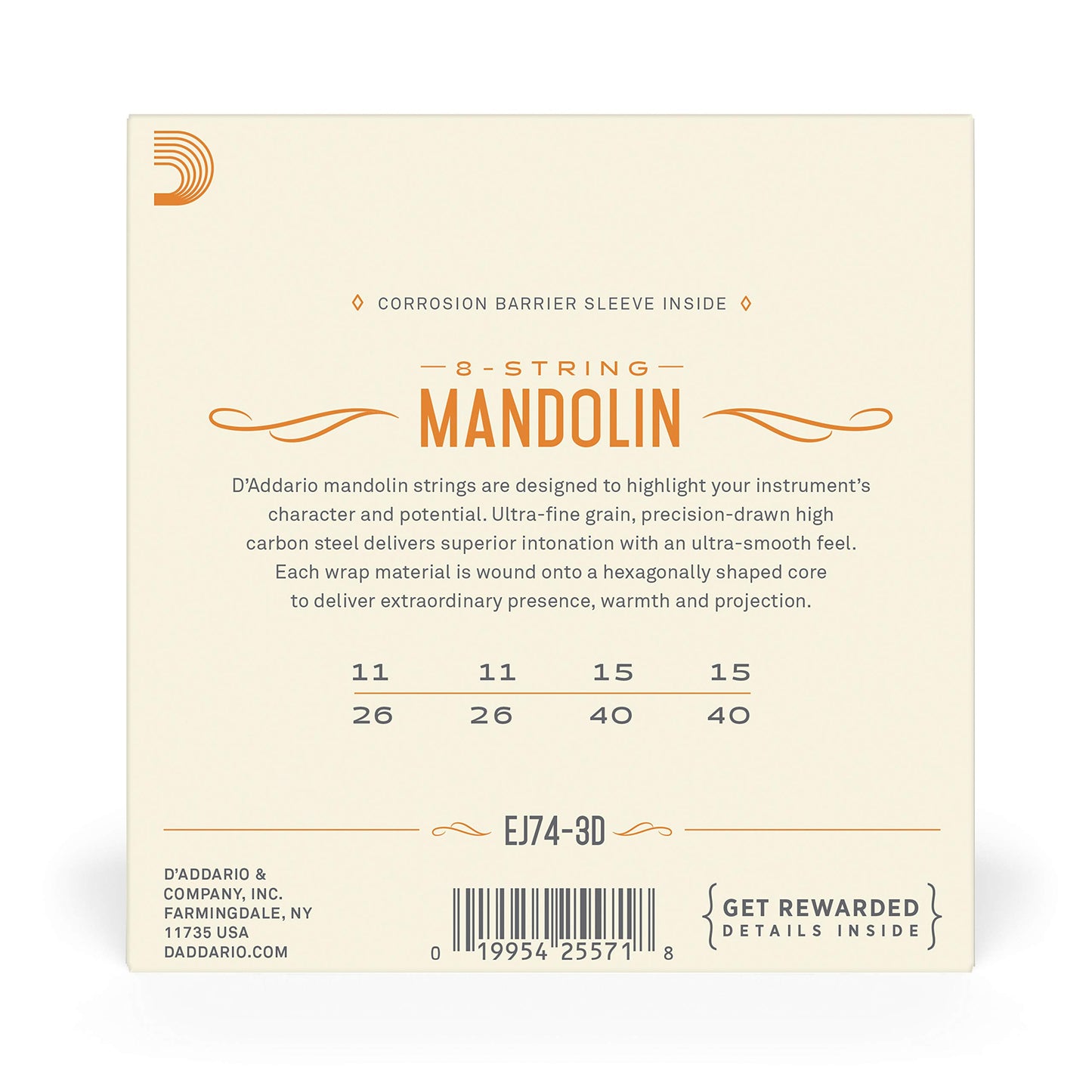D'Addario EJ74-3D Mandolin Strings, Phosphor Bronze, Medium, 11-40, 3 Sets