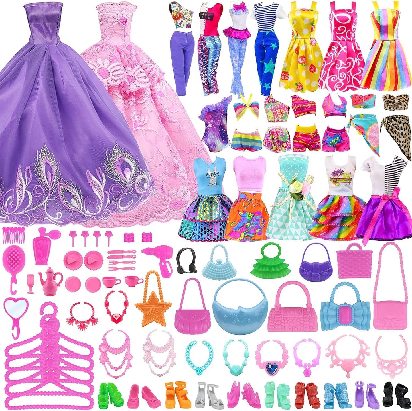 ZITA ELEMENT Fashion Doll Closet Wardrobe Lot 101 Items for 11.5 Inch Girl Doll Including Ultimate Doll Clothes and Accessories, Wardrobe, Trunk, Casual Wear, Dress, Swimsuits, Hangers, Shoes, Bags