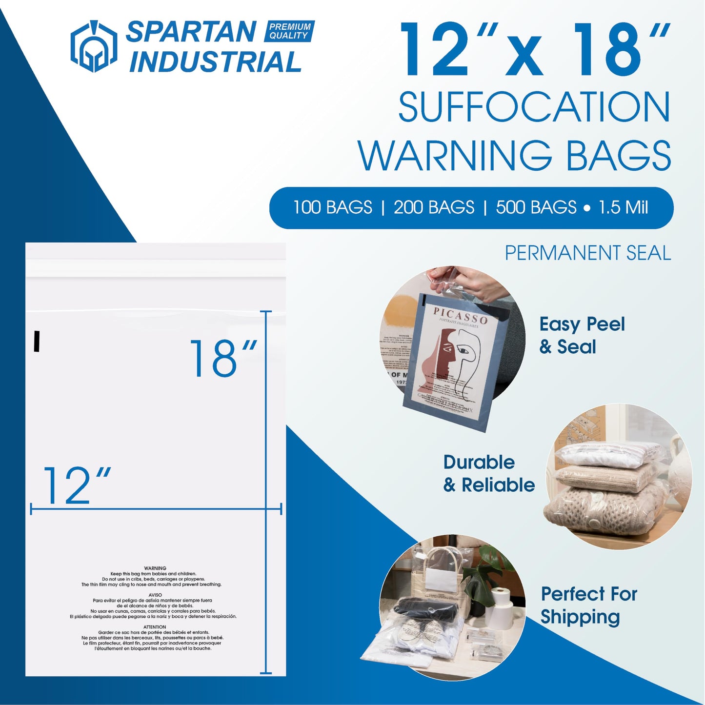 Spartan Industrial - 12” X 18” (200 Count) Self Seal Clear Poly Bags with Suffocation Warning for Packaging, Clothes - Permanent Adhesive