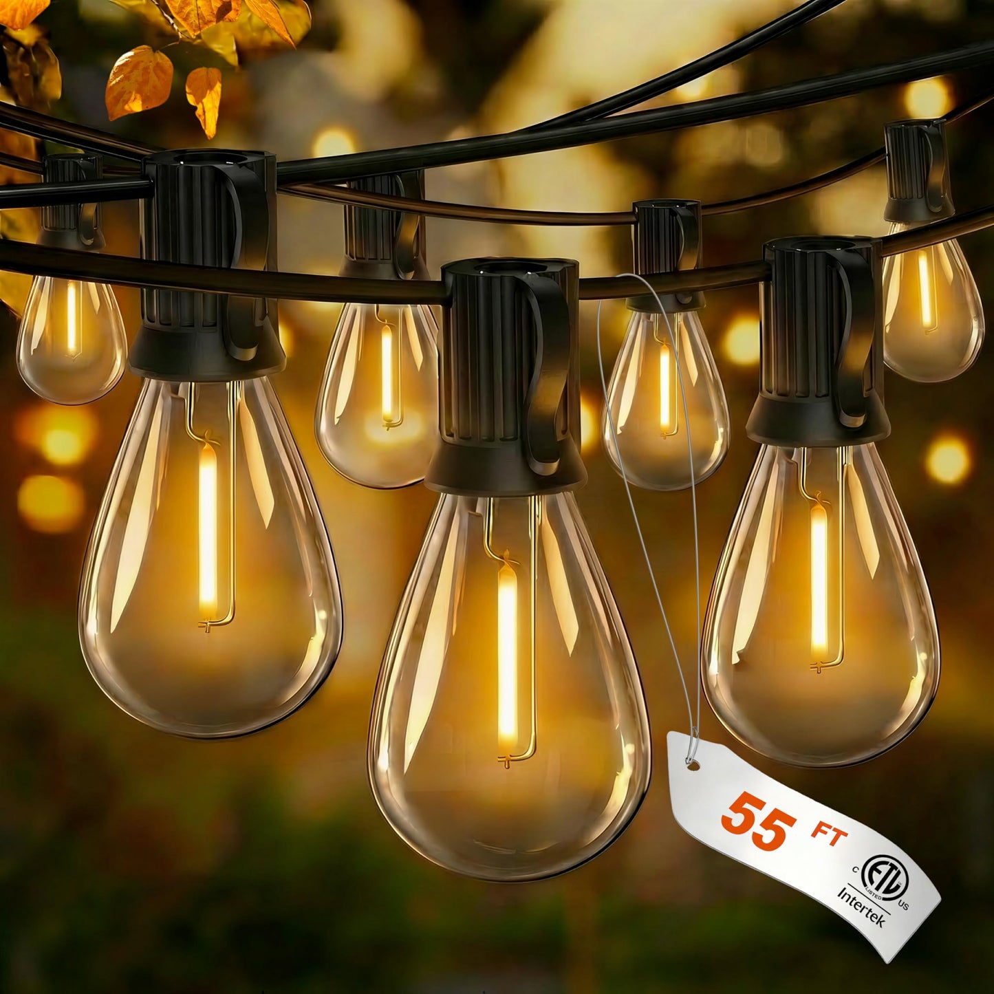 Outdoor Lights, S11 55FT String Lights with 25 Dimmable Plastic Bulbs 1 Spare, 120V 2700K Warm White Waterproof Connectable Patio Lights for Backyard Porch Balcony Party Decor, E12 Socket Base, Black