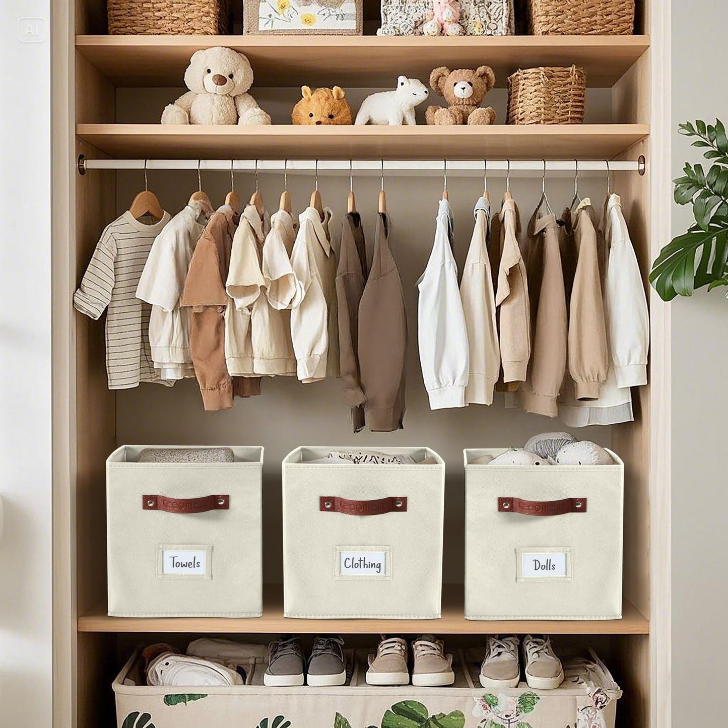 DECOMOMO Storage Basket 13x15x13 Baskets Storage Organization, Bins with Labels (Kallax/ 4pcs, Beige)