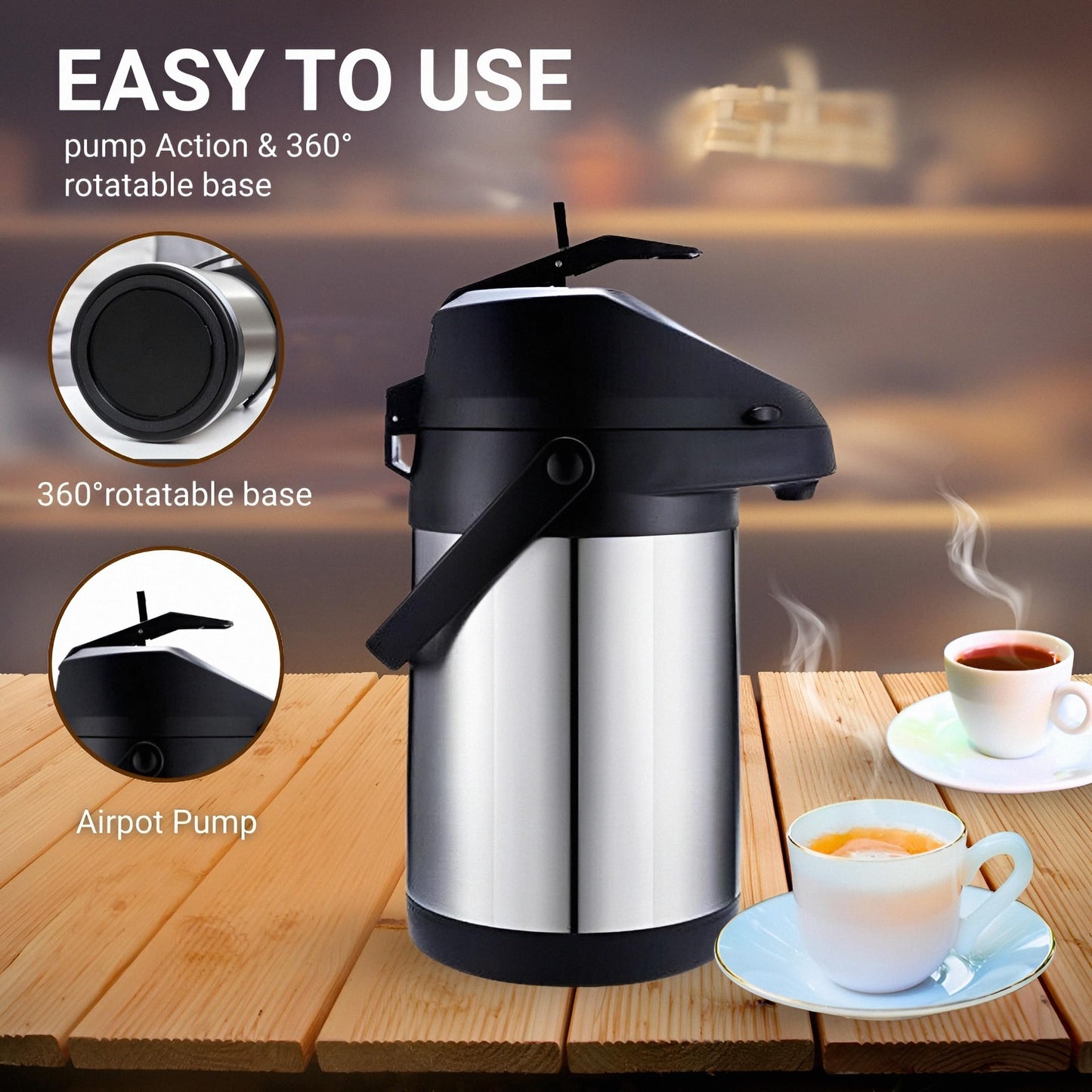 Insulated Thermal Coffee Carafe, 102oz (3L), Stainless Steel, Airpot Coffee Dispenser with Pump for Hot/Cold Drinks