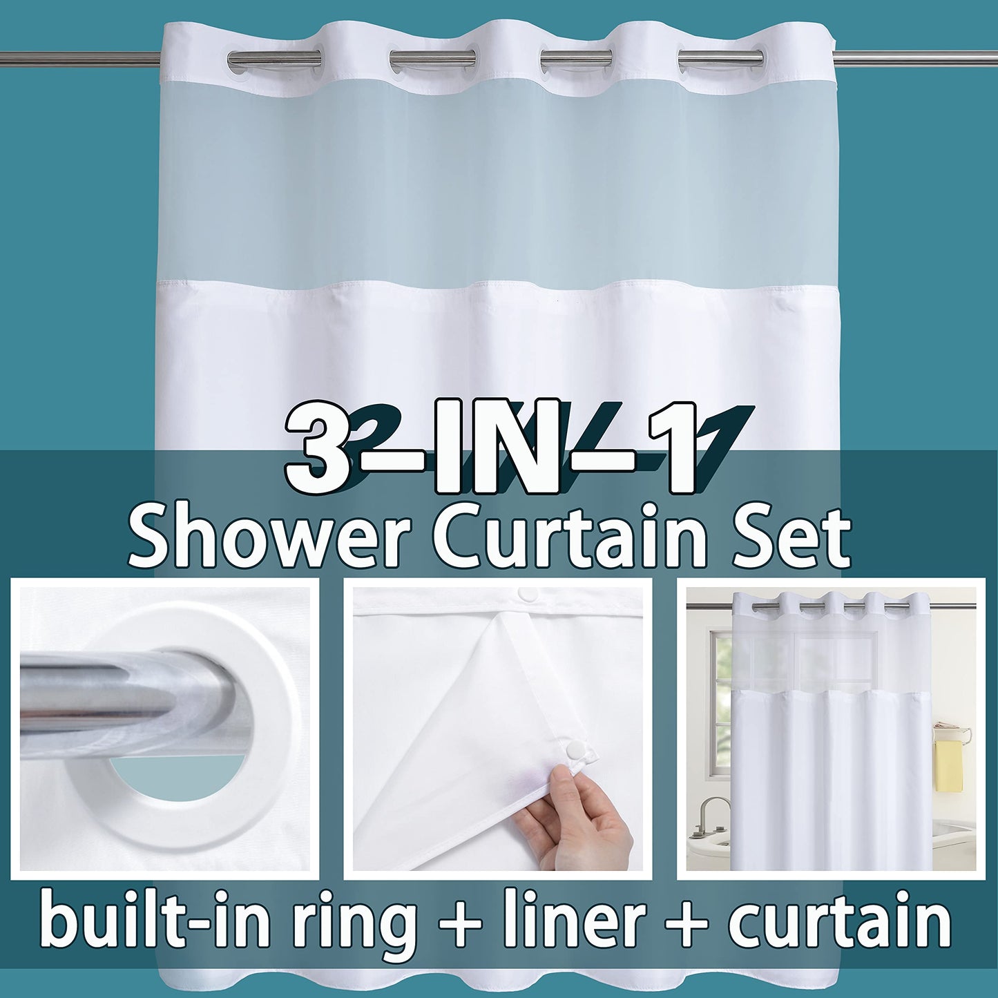 Conbo Mio Hotel Style Shower Curtain with Snap in Liner for Bathroom Waterproof Repellent Machine Washable Removable Polyester Liner (Plain-White, 71" W x 74" H)