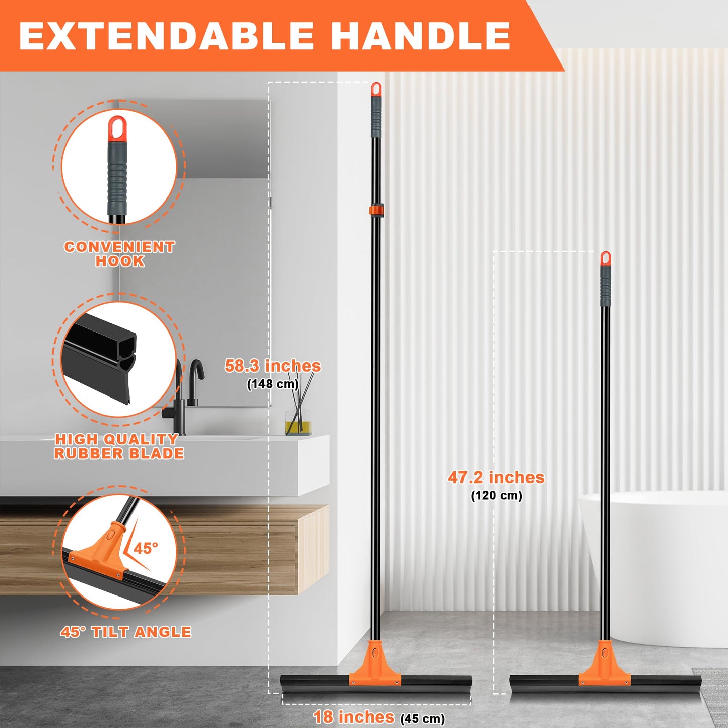 JEHONN Floor Squeegee Heavy Duty with 58.3 inches Long Handle, Rubber Scraper Broom for Cleaning Foam Water on Garage Concrete Bathroom Tile Marble Shower Glass Shop Deck Window Indoor Outdoor