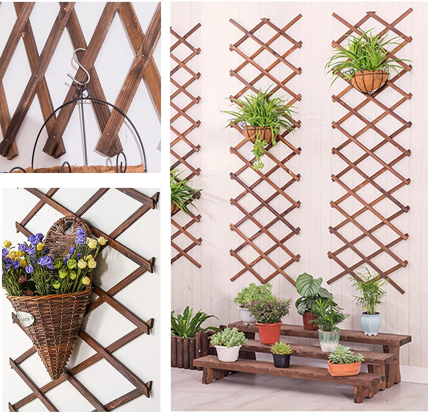 Extensible Natural Garden Wooden Fence Lattice Frame Plant Support for Cucumber Climbing Vines Ivy Rose 75"x11.8" (2 Pack)
