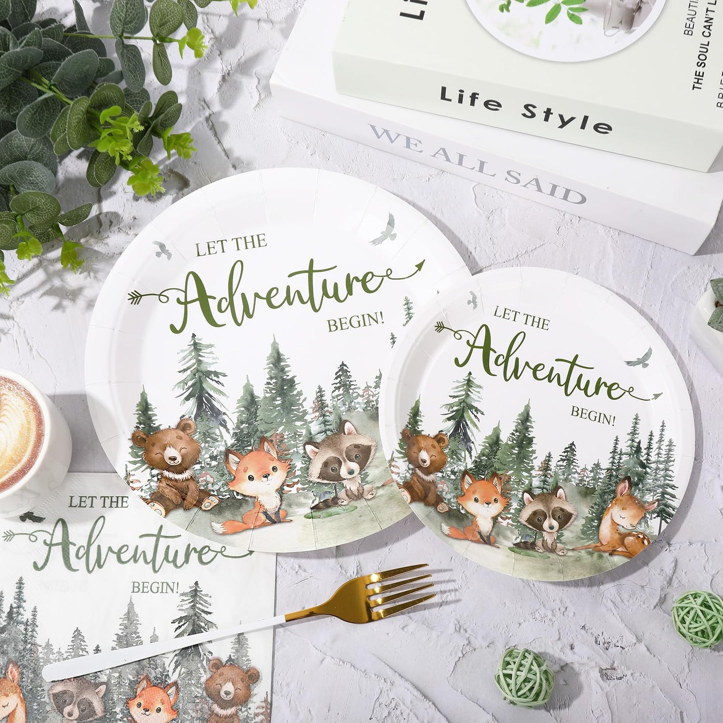 Whaline 72Pcs Adventure Awaits Party Supplies - Baby Shower Plates & Napkins - Woodland Animals Pattern - Disposable Tableware - 24 Guests - Paper Material - Casual Nature-Inspired Style