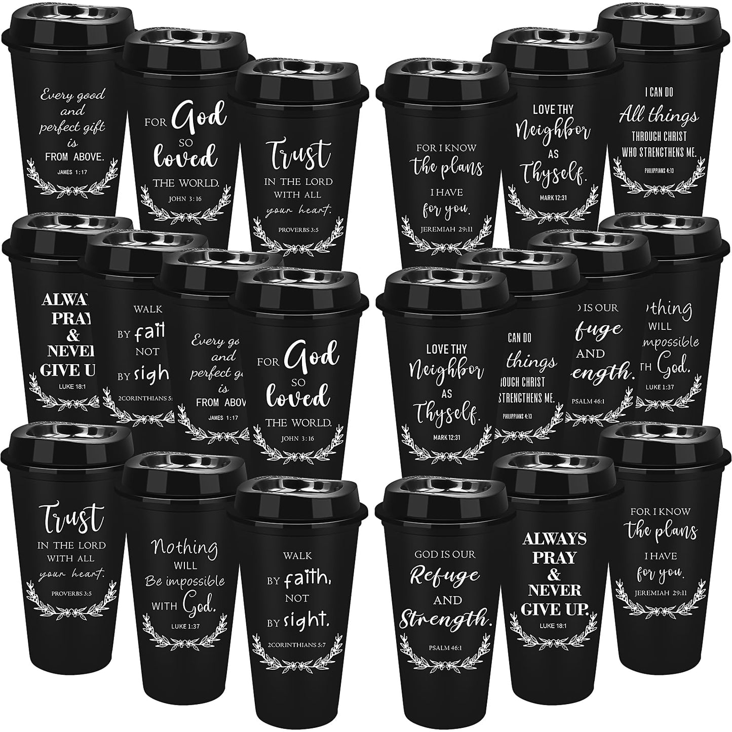20 Pcs Reusable Christian Coffee Cups, 16 oz Bible Verse Plastic Tumblers with Lids, Religious Plastic Cups Bulk, Travel Coffee Mug Inspirational Christian Gifts for Men Women (Black)