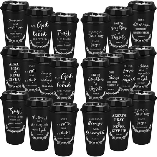 20 Pcs Reusable Christian Coffee Cups, 16 oz Bible Verse Plastic Tumblers with Lids, Religious Plastic Cups Bulk, Travel Coffee Mug Inspirational Christian Gifts for Men Women (Black)