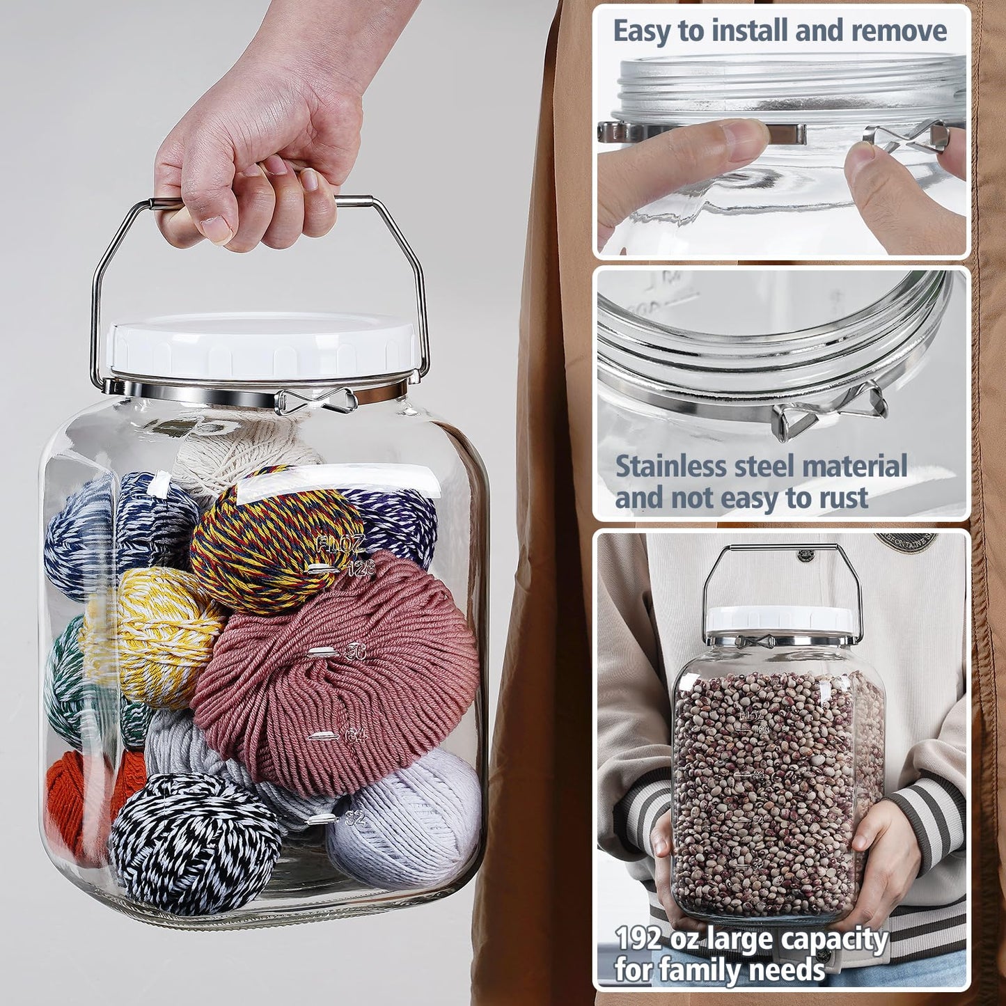 2 Pack 1.5 Gallon Glass Jar with Lid Wide Mouth, Large Mason Jar with Airtight Screw Lid and Handle, Clear glass storage containers with 2 Scale Mark for Flour, Cookie, Candy
