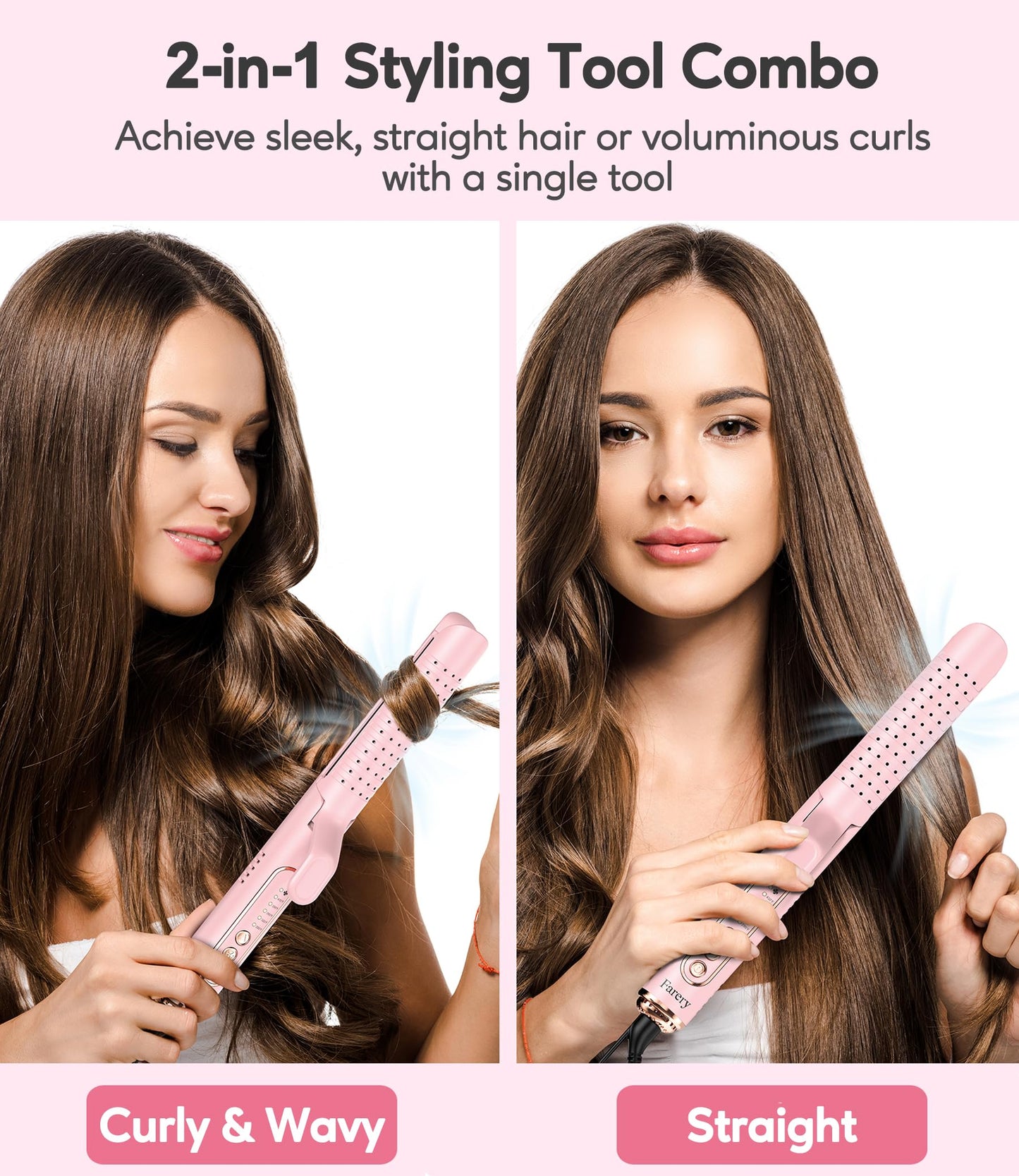 Farery Chill Set Soft-Air Curling Iron: Gentle Airflow for Quick Styling & Long-Lasting Curls, Lock in Style with Cooling Air Vents, 2-in-1 Hair Straightener & Curler with Upgraded Long Barrel, Pink