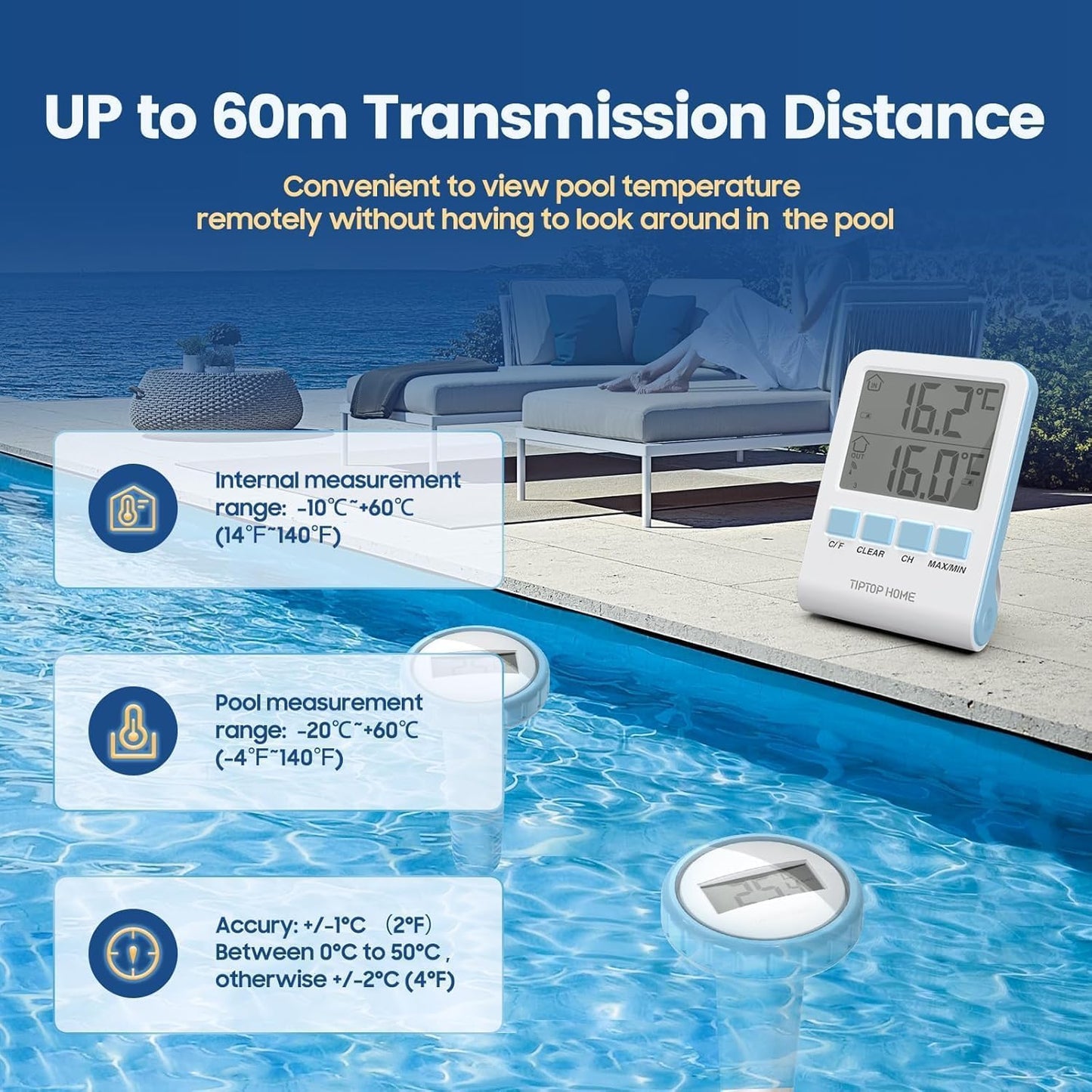 Pool Thermometer,Wireless Floating Pool Thermometer Easy Read,Outdoor Digital Thermometers with Indoor Temperature Monitor,IPX7 Waterproof and High Accuracy for Swimming Pool,Bath Water (Blue)
