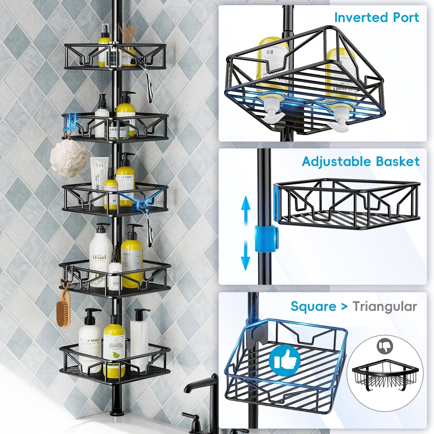 Skycarper 5 Tier Adjustable Corner Shower Caddy Organizer with Hooks,Rustproof Tension Pole 62-116 Inch, Black