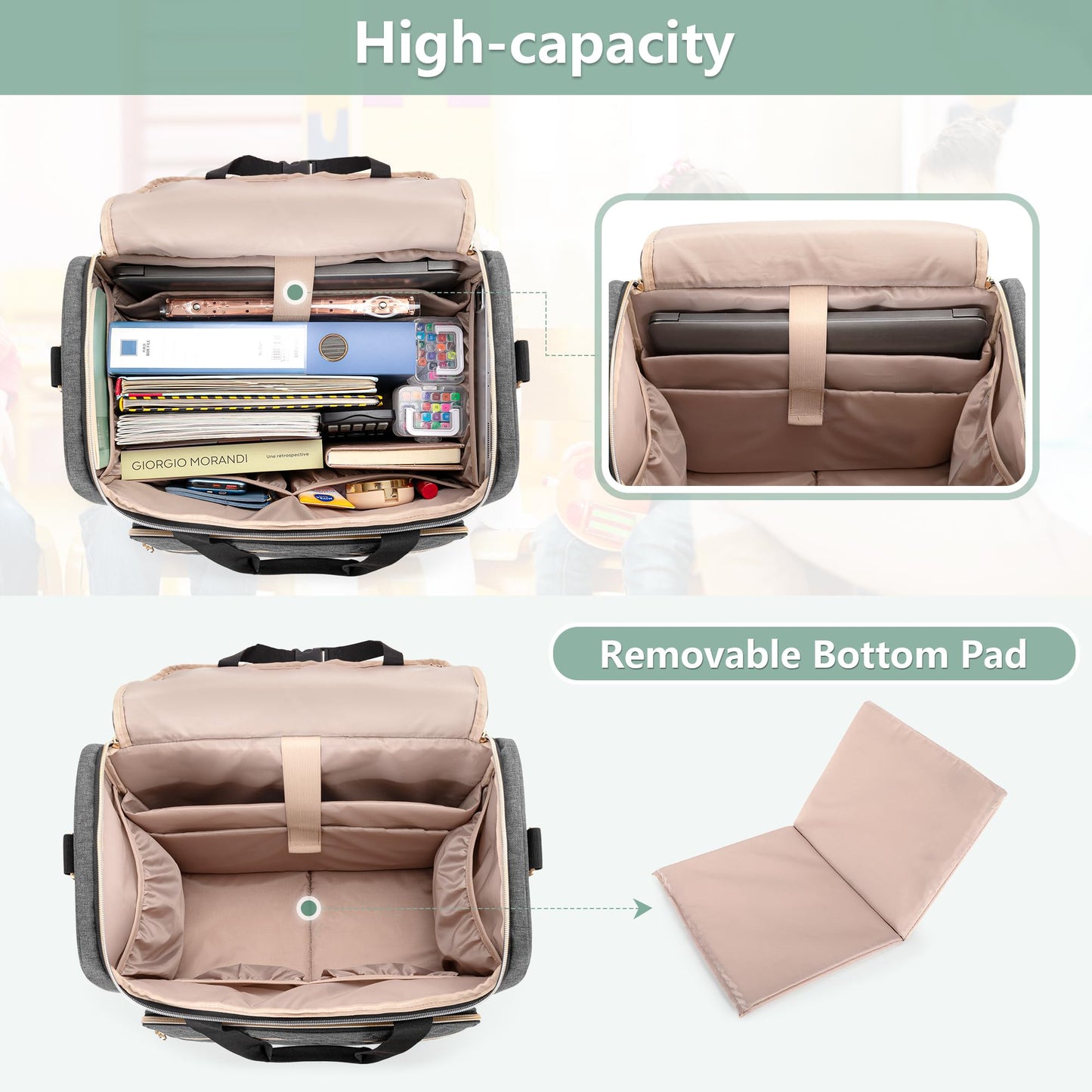 Luxja Rolling Teacher Bag with Laptop Compartment and Detachable Dolly, Multifunctional Rolling Teacher Tote Bag (Patent Pending), Gray