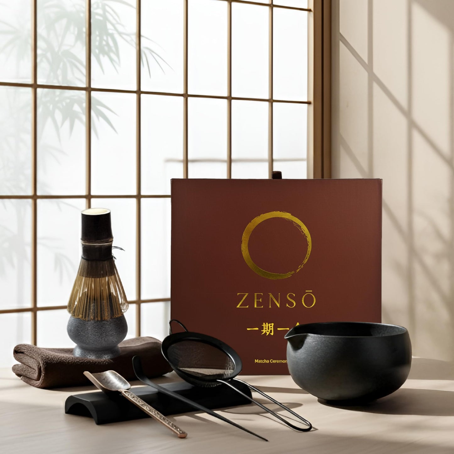 ZENSO Premium Matcha Whisk Set – 8 Piece Japanese Matcha Tea Ceremony Kit | Matcha Bowl, Purple Bamboo Whisk, Whisk Holder, Sifter, Scoop & Scoop Holder, Cloth, Spoon - Dark Gray