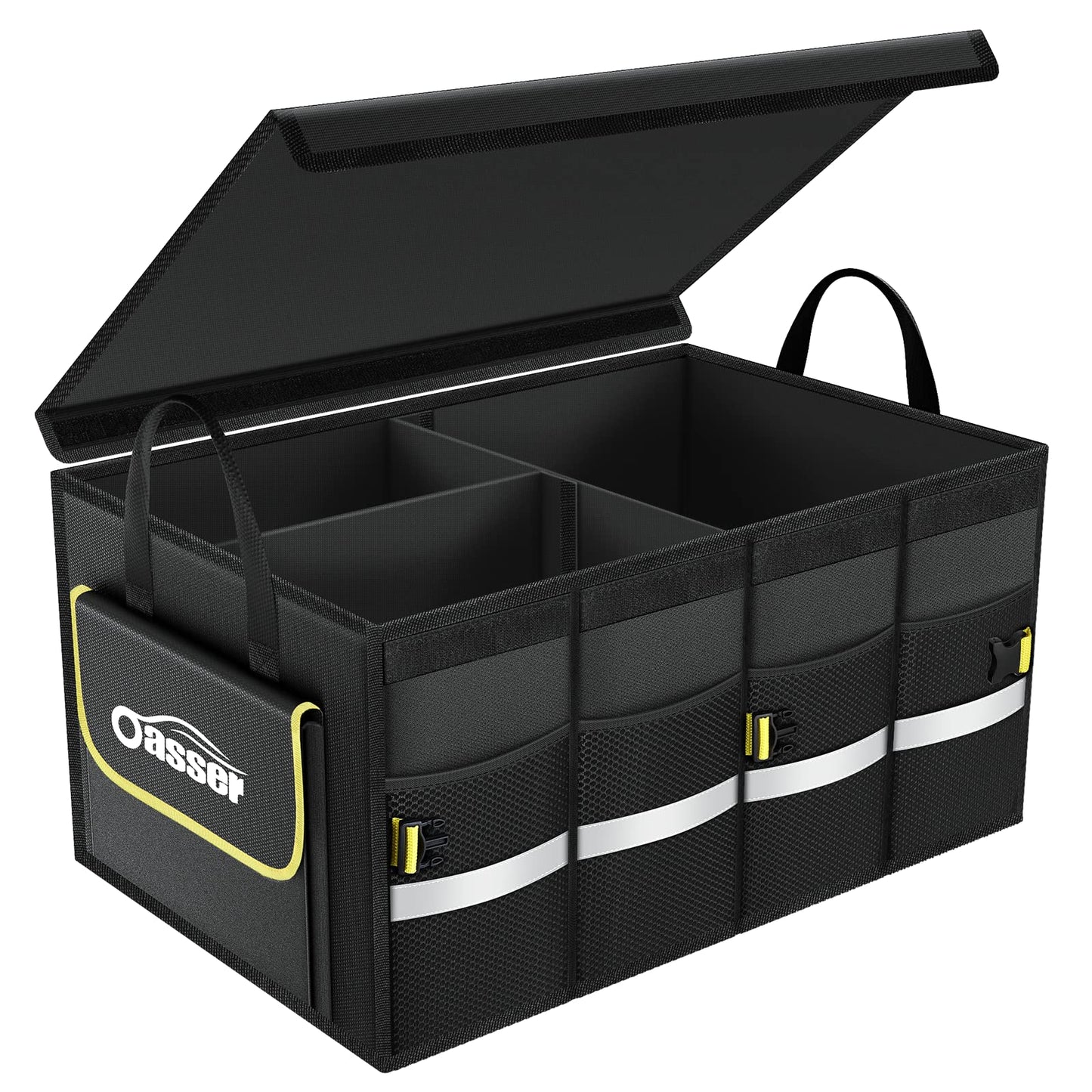 Oasser Car Trunk Organizer for SUV, Car Trunk Storage Organizer Collapsible Multi-compartments Cargo Storage Box with Foldable Cover, Reflective Strip, Non Slip Bottom E3A Black