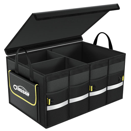 Oasser Car Trunk Organizer for SUV, Car Trunk Storage Organizer Collapsible Multi-compartments Cargo Storage Box with Foldable Cover, Reflective Strip, Non Slip Bottom E3A Black