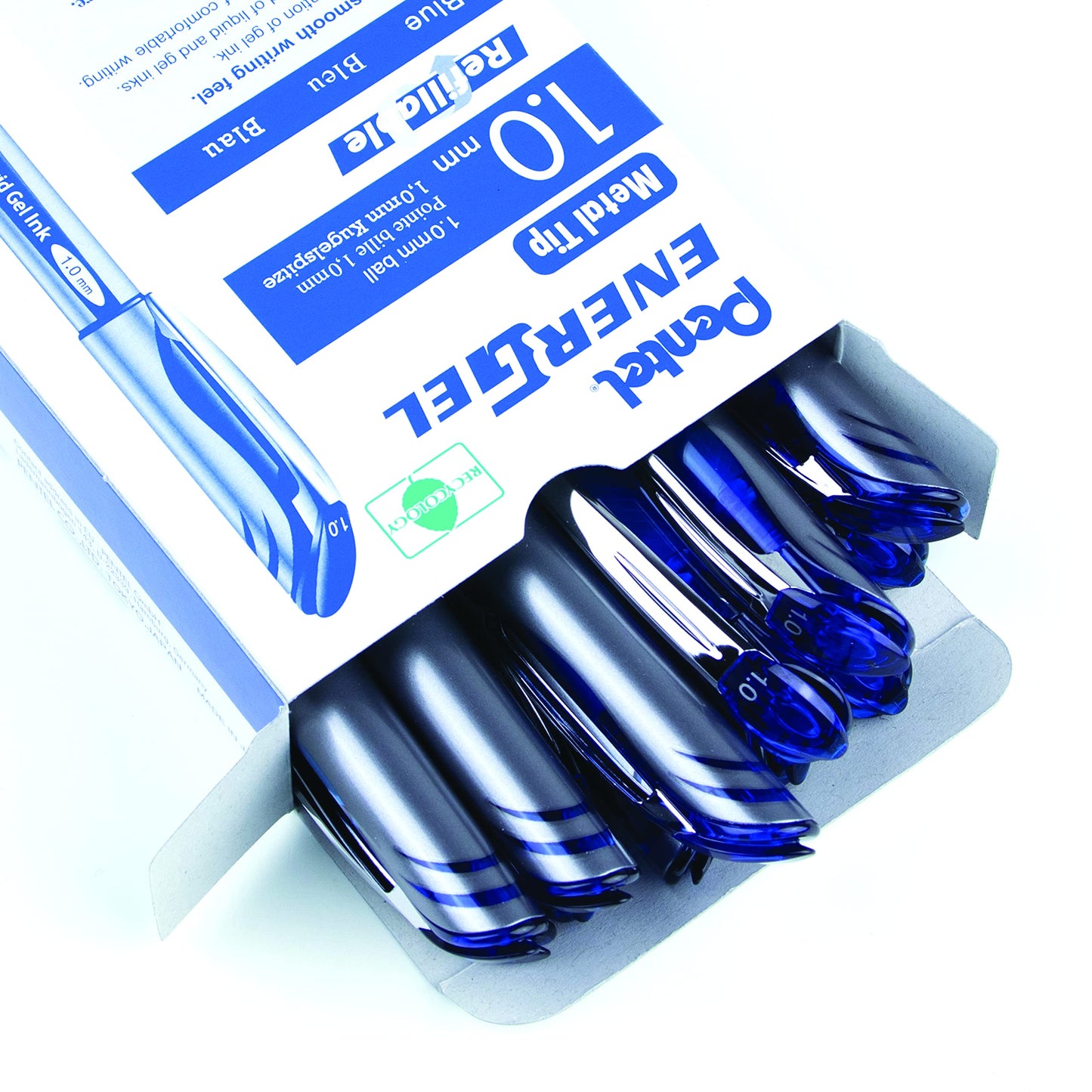 Pentel EnerGel Liquid Gel Rollerball Pen with Cap to Protect Pockets, Everyday Writing, Office Supplies, School Supplies, 1.0mm Bold Point, Blue Ink, BL60-C, Box of 12