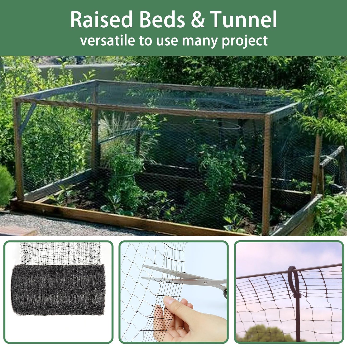 2pcs Bird Netting for Garden 7 x 100 Feet, Black Garden Protection Netting Heavy Duty Wire Mesh Net Barrier, Protect Plants Fruits Trees from Rodents Birds Deer Poultry Reusable Animal Fencing, Black