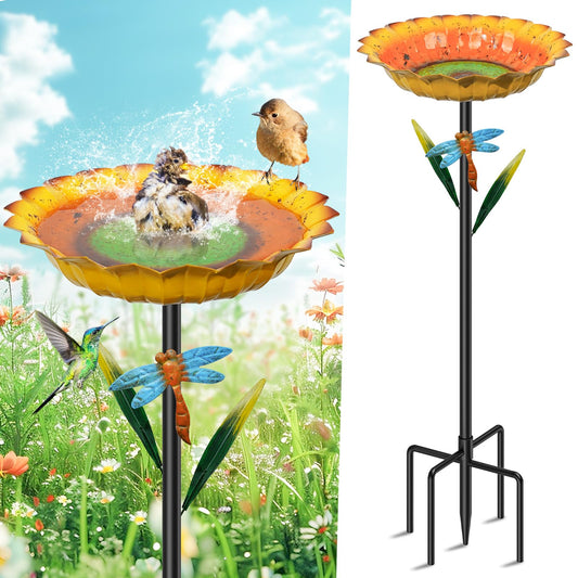 MeyRolizn Sunflower Bird Bath for Outside, Vintage Metal Birdbaths Birdfeeder with Dragonfly Decor, Standing Bird Feeder Bath Bowl for Outdoor Yard Lawn Patio Art Decor (Yellow)