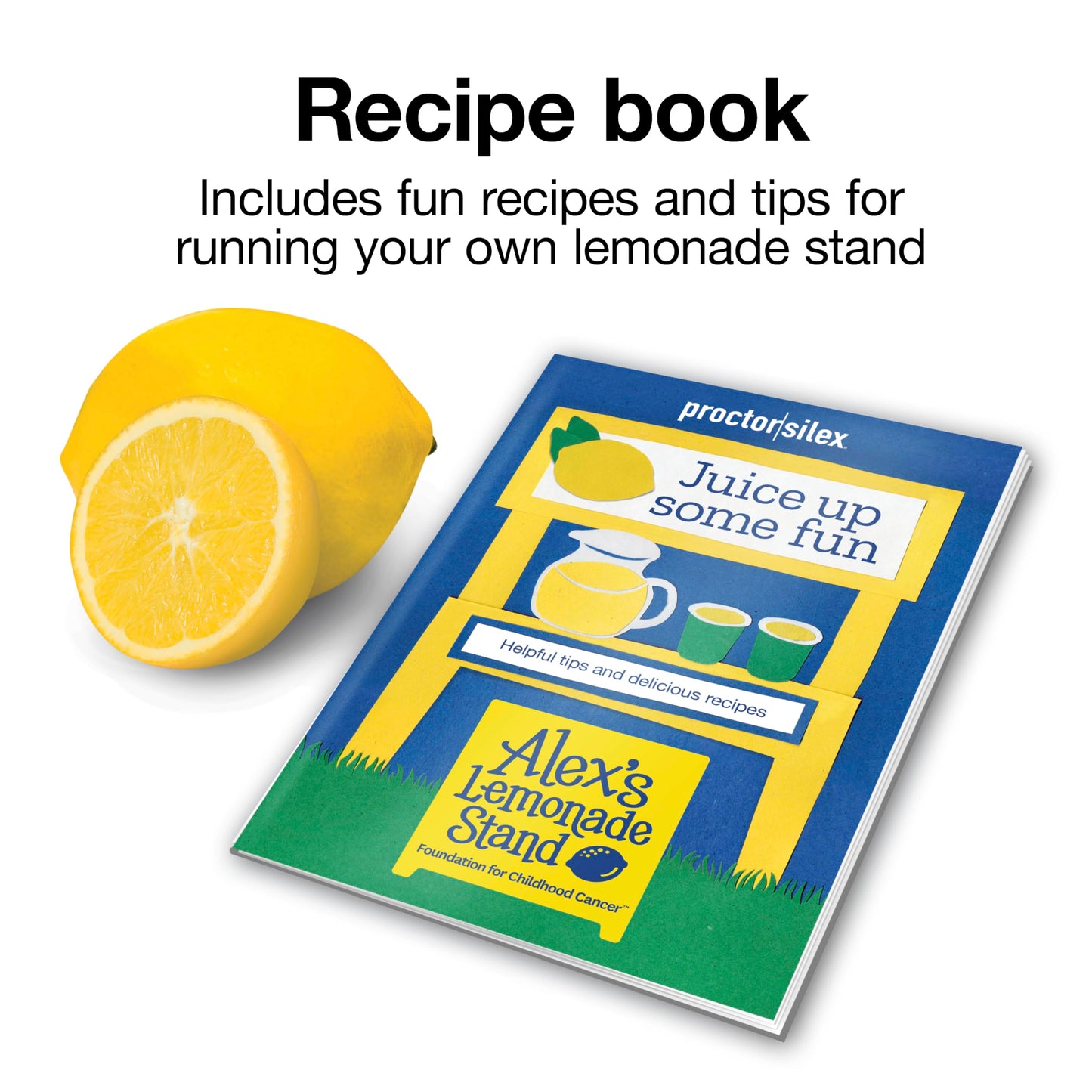 Proctor Silex Alex's Lemonade Stand Electric Citrus Juicer Machine, 34 oz. Pitcher, Pressure Activated, for Lemons, Limes and Oranges, With Reamers, pulp strainer& Lid, 30 Watts, Yellow (66341)