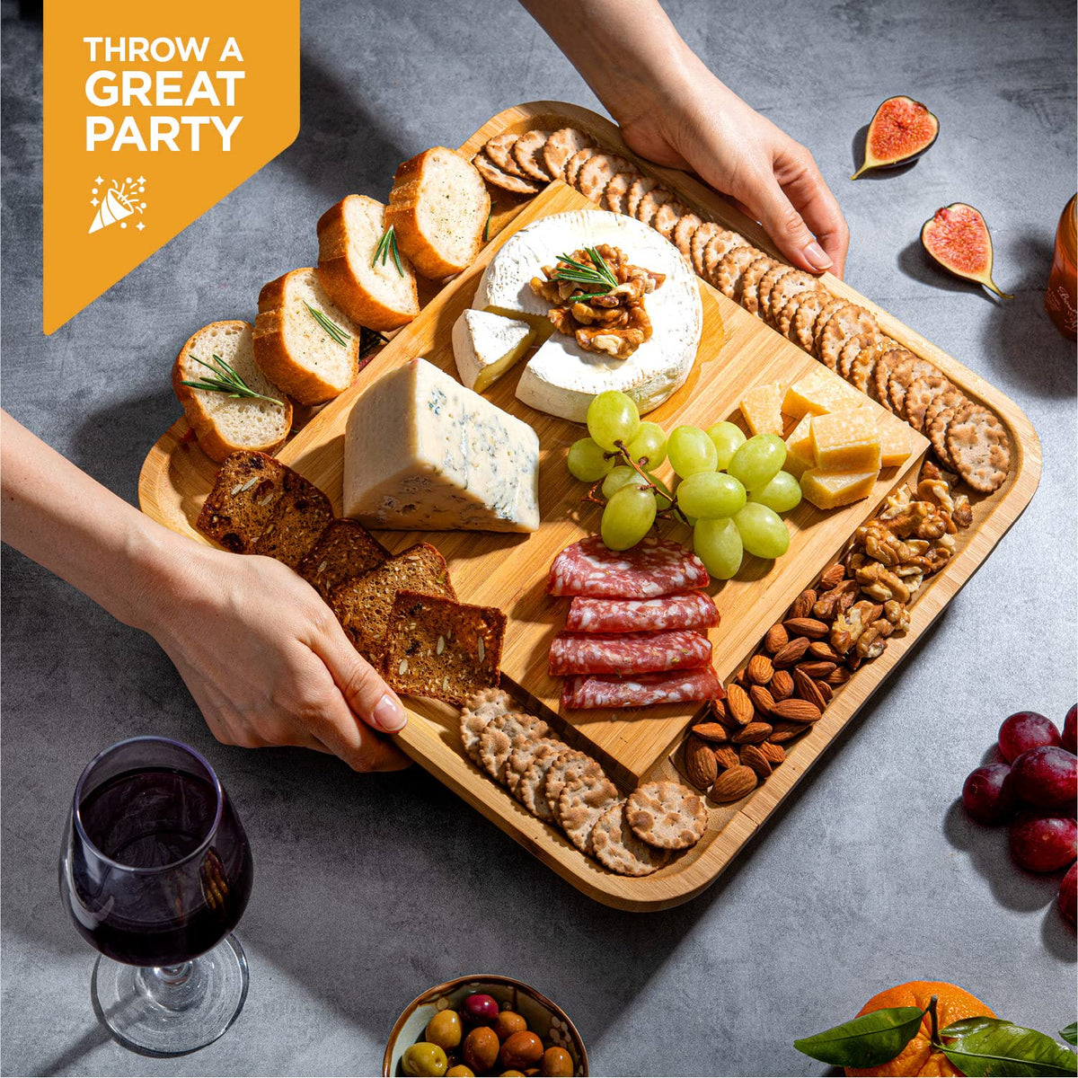 Charcuterie Boards - Large Bamboo Cheese Board Set with Knives, Serving Meat and Cheese Platter Tray for Housewarming Gifts New Home, Wedding, Bridal Shower, Birthday Gifts for Women, Hostess
