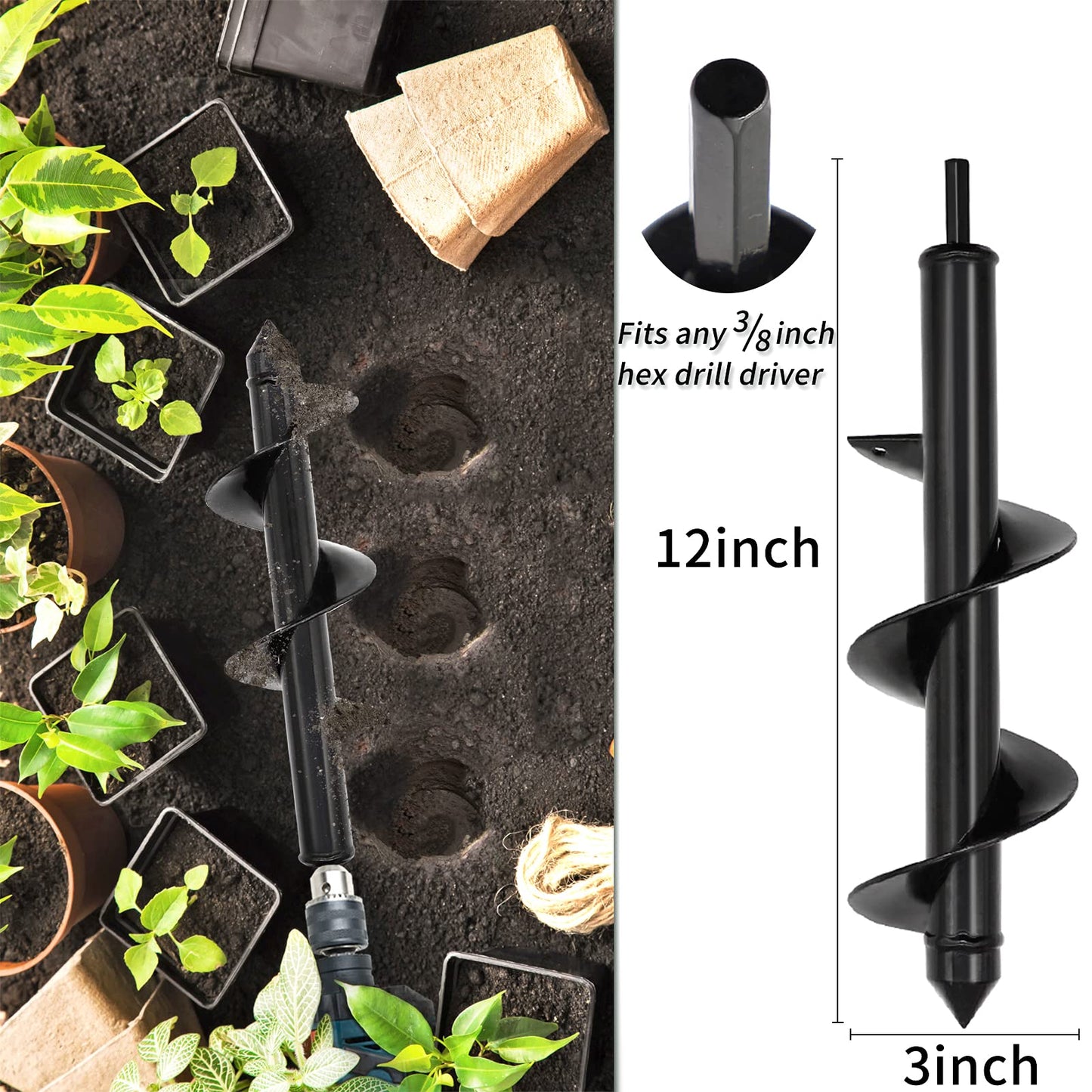 Garden Auger Drill Bit for Planting 4 Pack 1.6"x9"and 1.6"x16.5" and 3"x16.5"and 3"x12"Auger Drill Bit Plant Flower Bulb Auger Spiral Hole Drill Earth Post Umbrella Bulb Planter Auger
