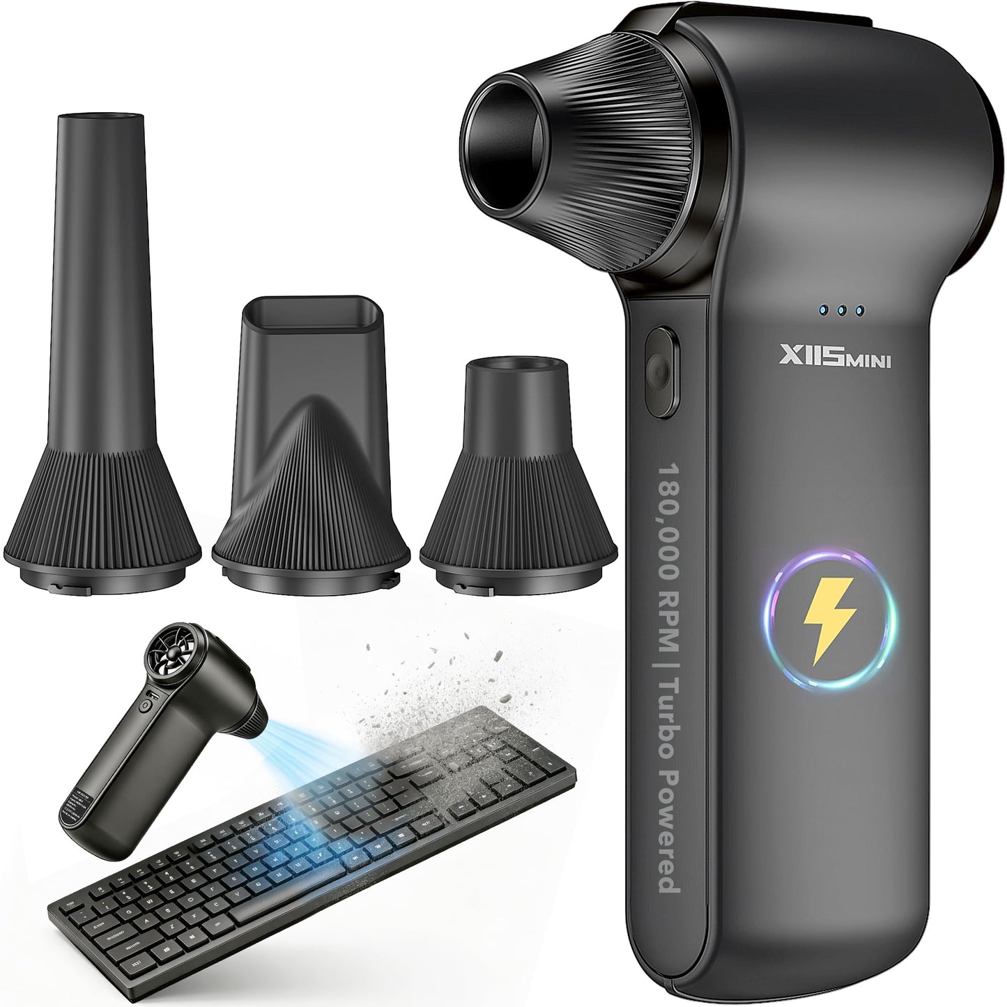 Compressed Air Duster 180000RPM – Super Power Cordless Electric Air Duster with 3-Speed Turbo Fan, Rechargeable Air Blower for Computer, Keyboard, Car, Camera & Home Cleaning