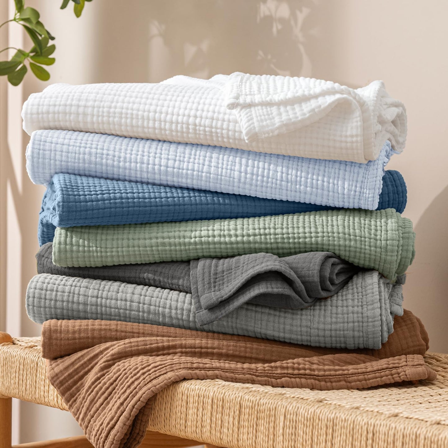 PHF 100% Cotton Muslin Blanket Queen Size 90" x 90", 4-Layer Lightweight and Breathable Blanket for Summer, Luxuriously Soft Gauze Bedding for Home Decor, White