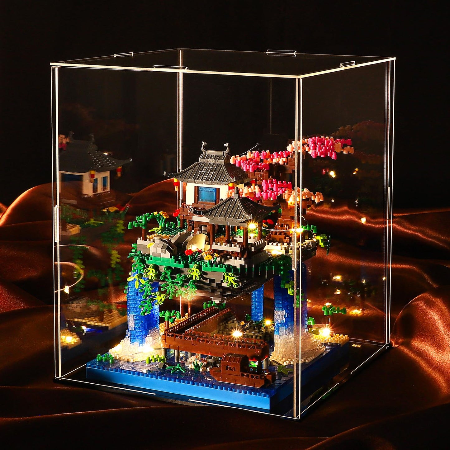 CAXIMSY Cherry Blossom Bonsai Tree House Building Block Sets with Acrylic Display Cover 3320PCS Chinese Architecture of Peach Blossom Micro Mini Building Set Toy Gift for Kids Adults