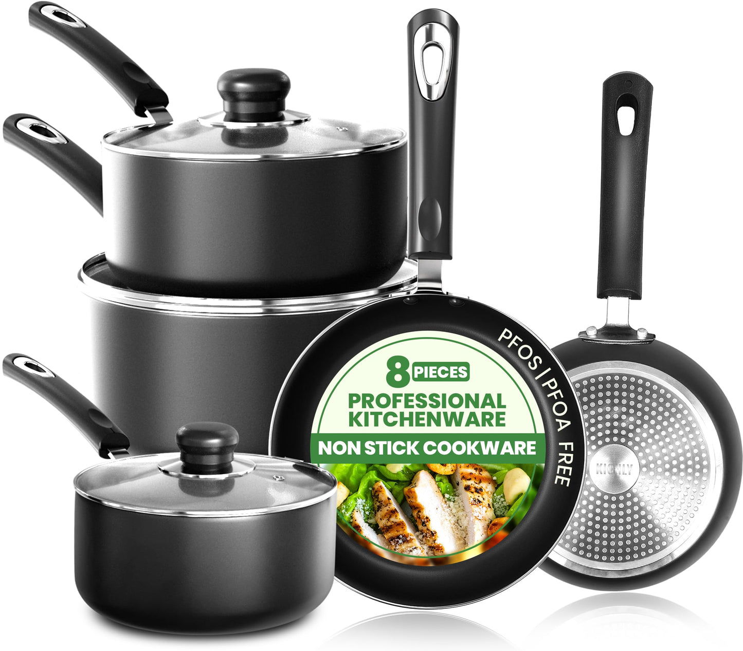KICHLY Pots and Pans Set Non Stick 5pcs Cookware Set, Induction Frying Pans 20cm, 28cm, Saucepan with Lids 20cm, 18cm, Non Induction Saucepan 16cm, Dishwasher and Oven Safe Pots Set, Black