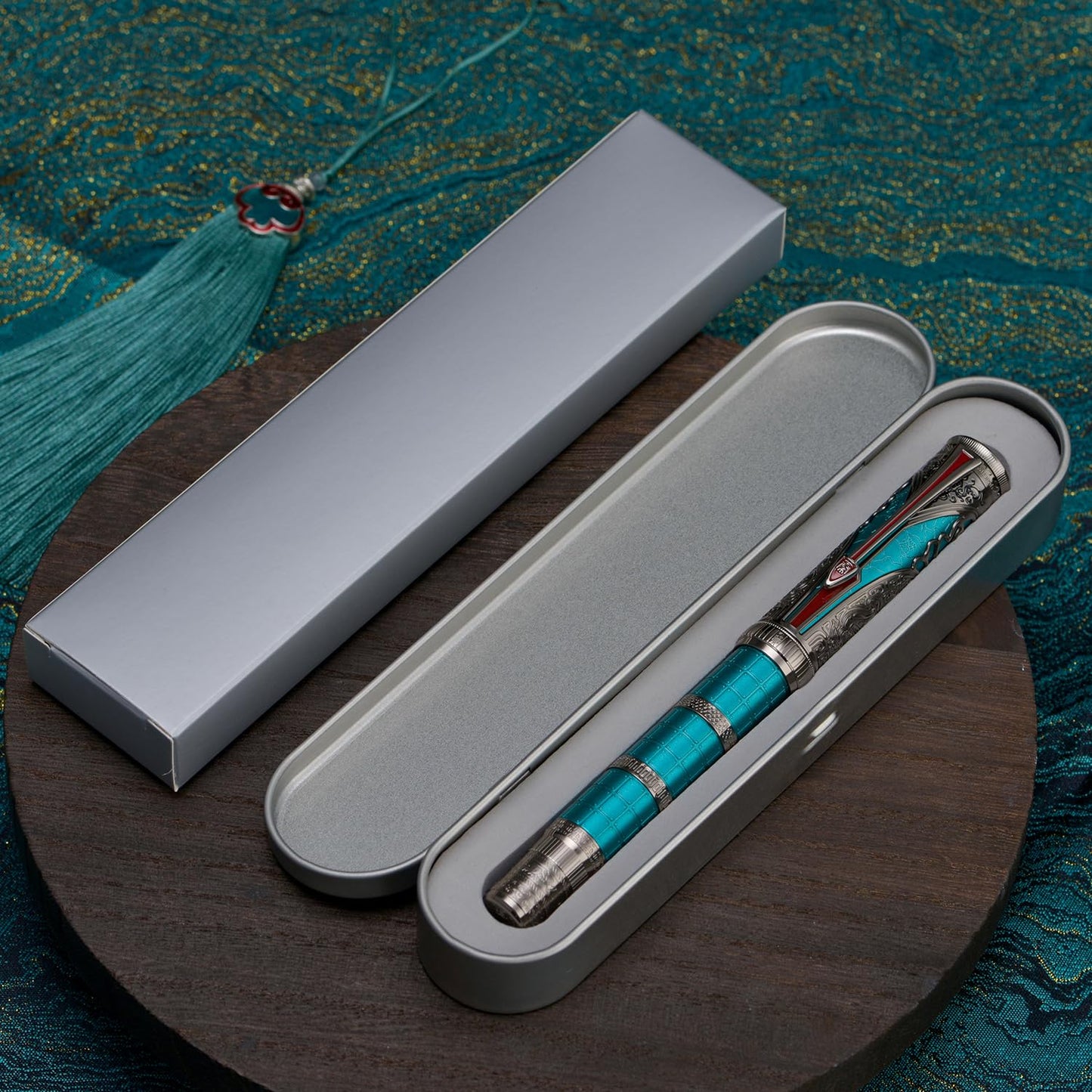 Hongdian D5X Fountain Pen Turquoise Color Medium Nib, Qin Dynasty Retro Chinese Totem Engraving Smooth Writing Pen with Converter and Pen Box Set